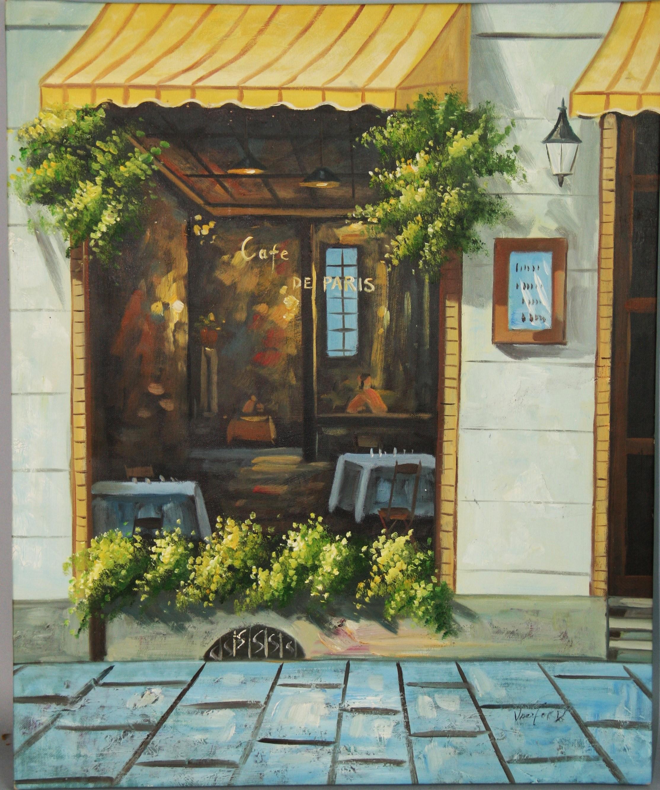 Modern French Cafe Scene Landscape Oil on Canvas - Painting by Unknown