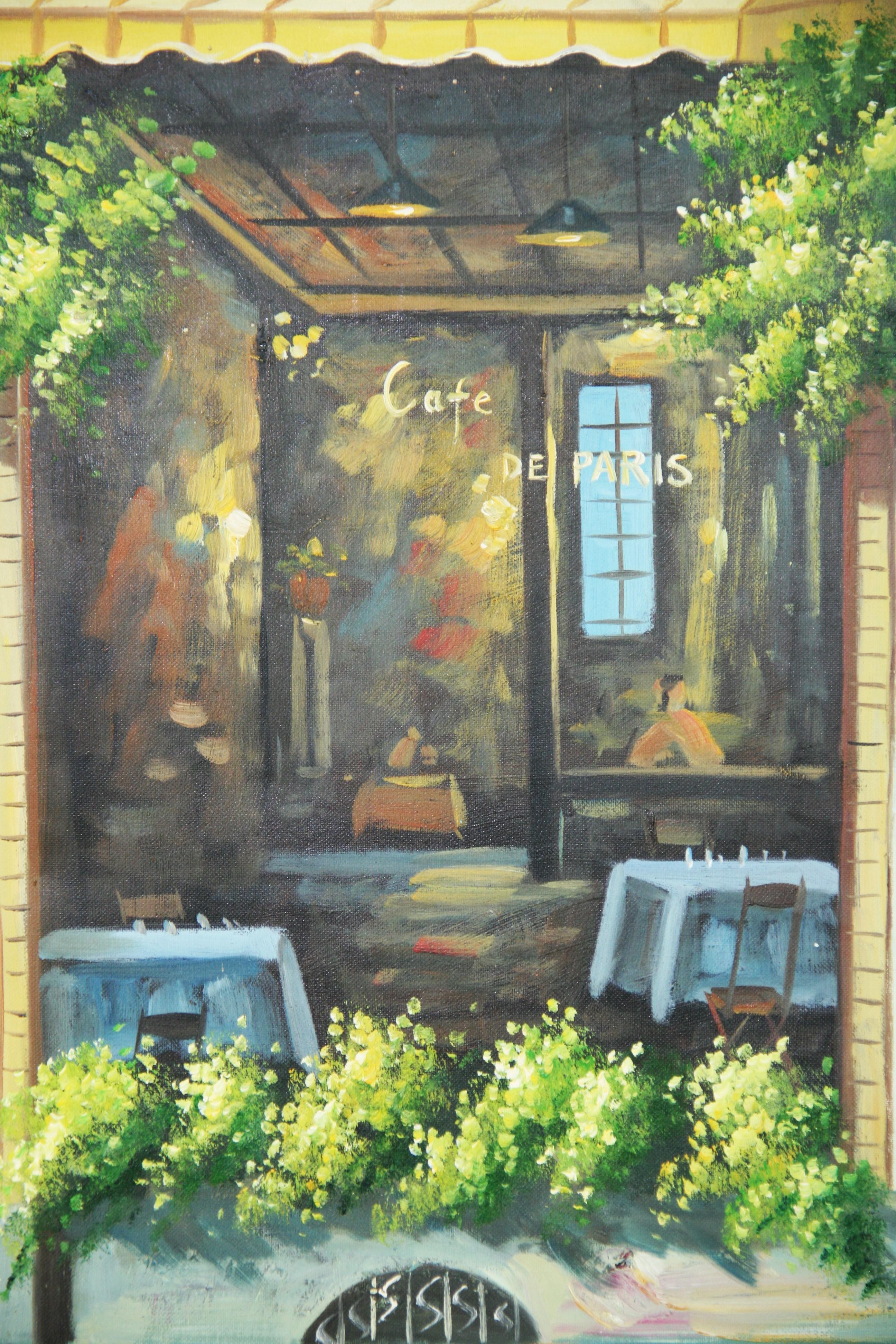 Moderne französische Cafe-Szene-Landschaft, Öl auf Leinwand (Braun), Landscape Painting, von Unknown