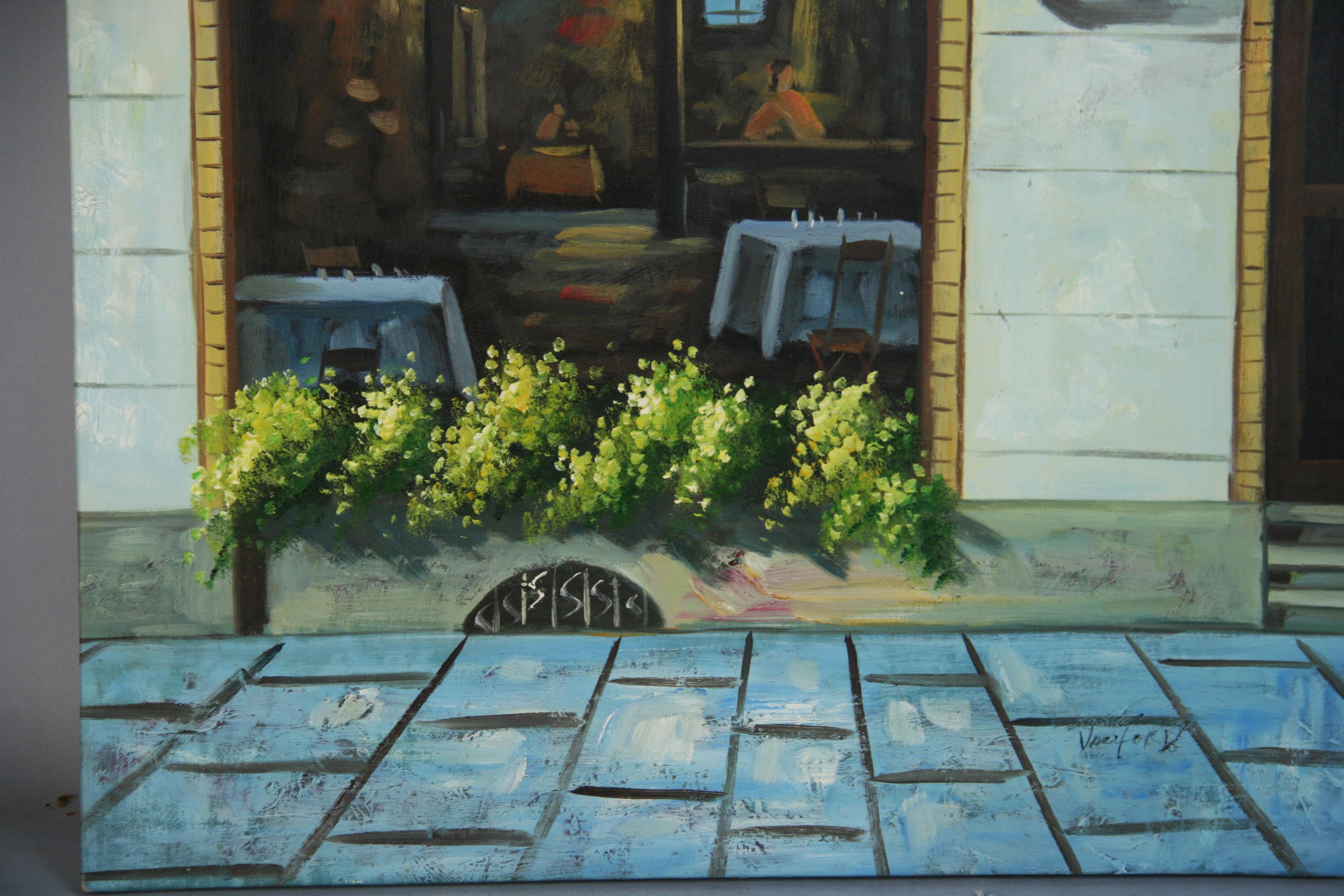 Modern French Cafe Scene Landscape Oil on Canvas For Sale 1