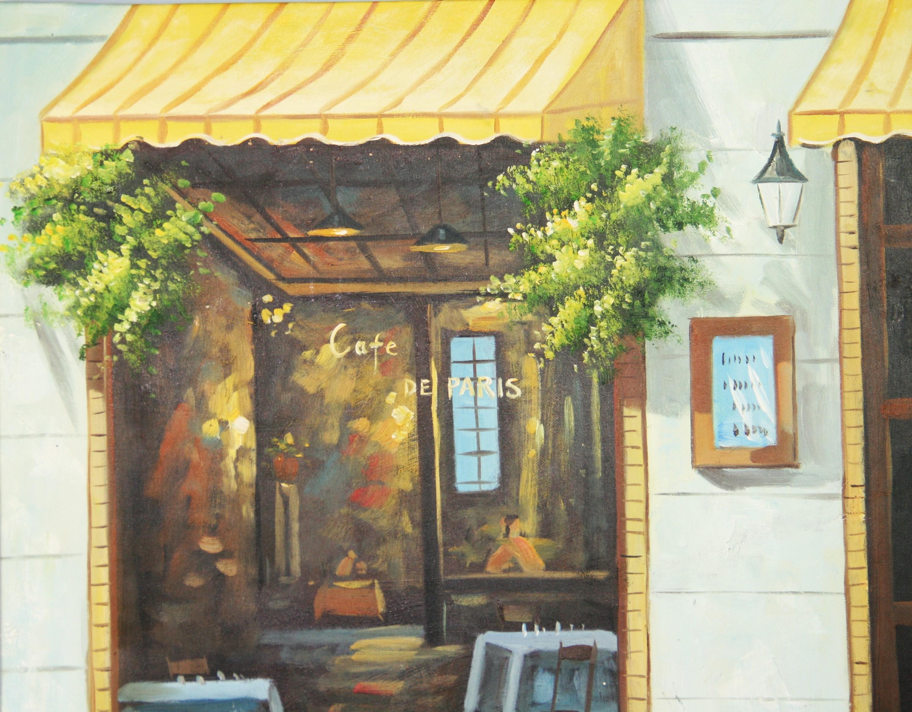 Modern French Cafe Scene Landscape Oil on Canvas For Sale 2