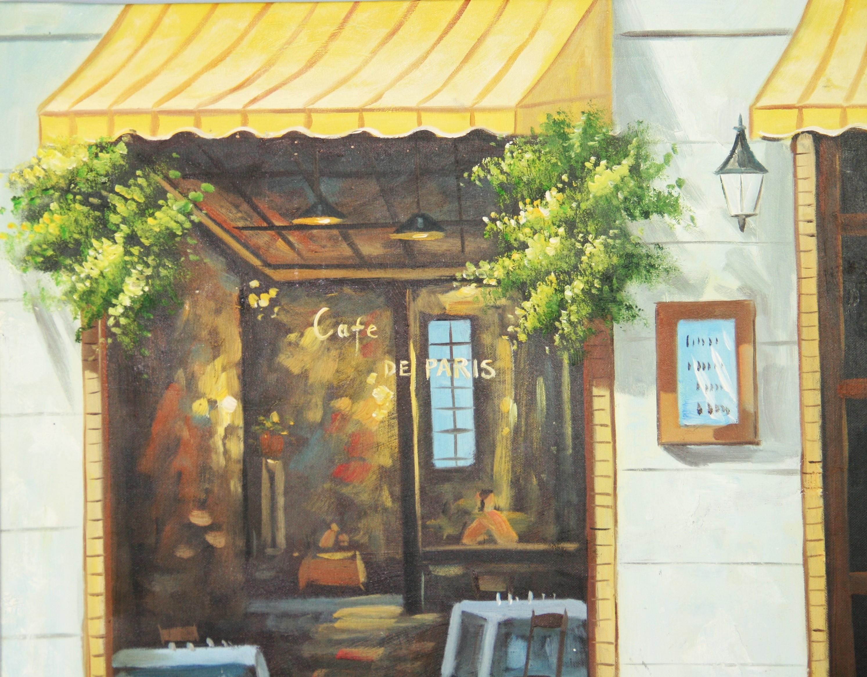 Moderne französische Cafe-Szene-Landschaft, Öl auf Leinwand im Angebot 1
