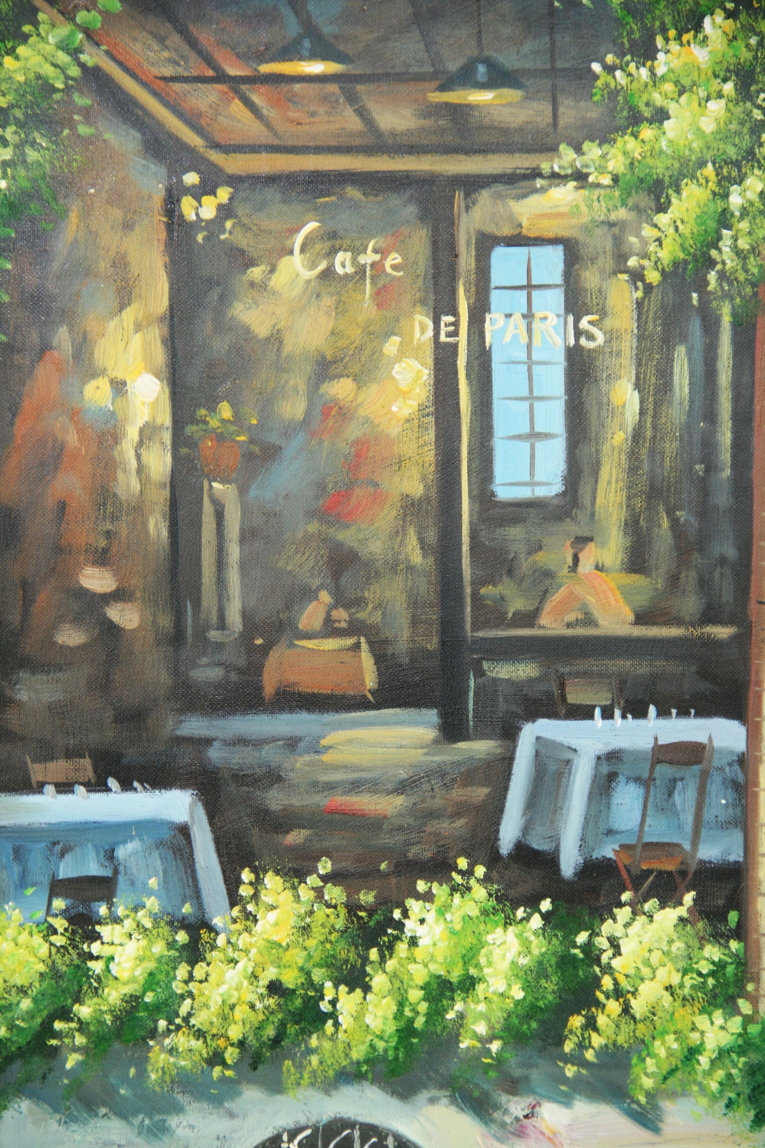 Modern French Cafe Scene Landscape Oil on Canvas For Sale 3