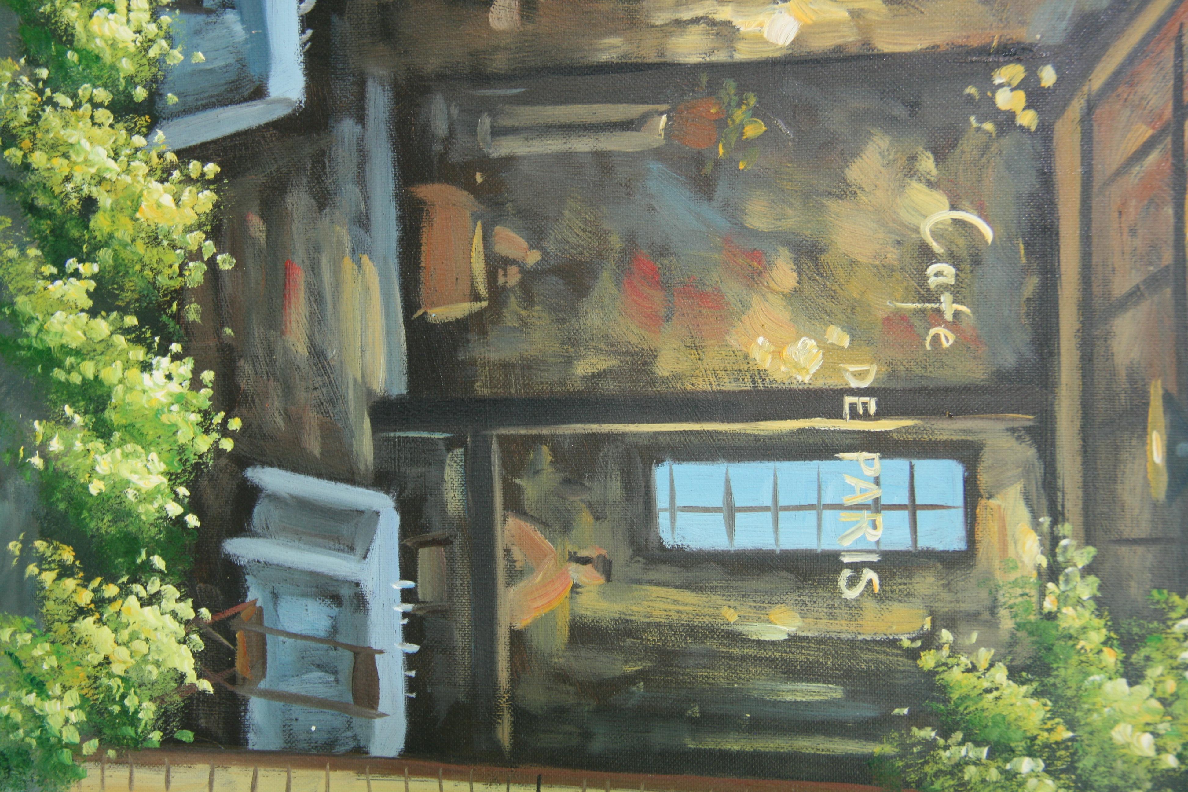 Moderne französische Cafe-Szene-Landschaft, Öl auf Leinwand im Angebot 5