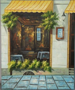Vintage Modern French Cafe Scene Landscape Oil on Canvas