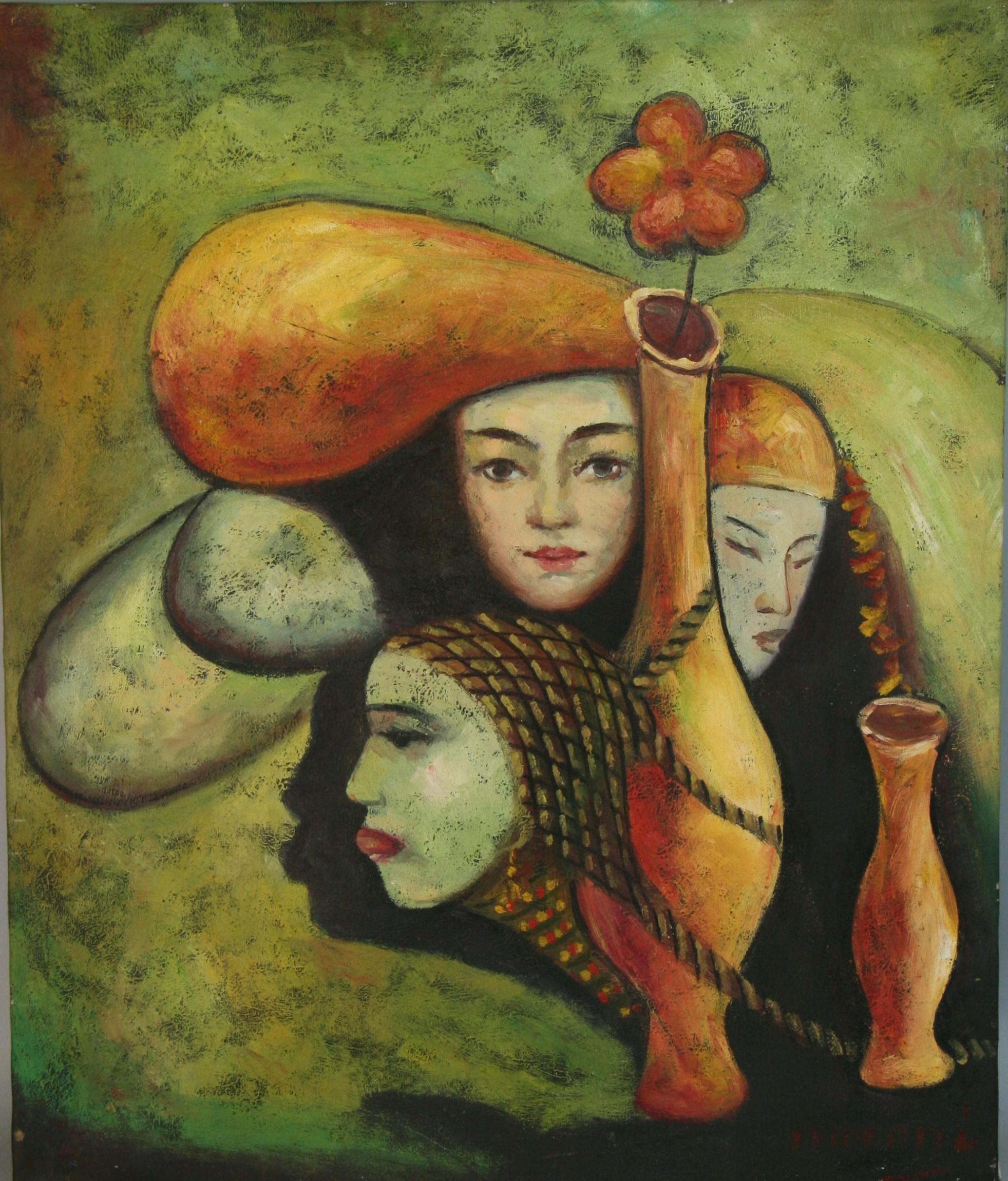 Unknown Figurative Painting - Modern French Oil Painting :Faces of Women of the World"