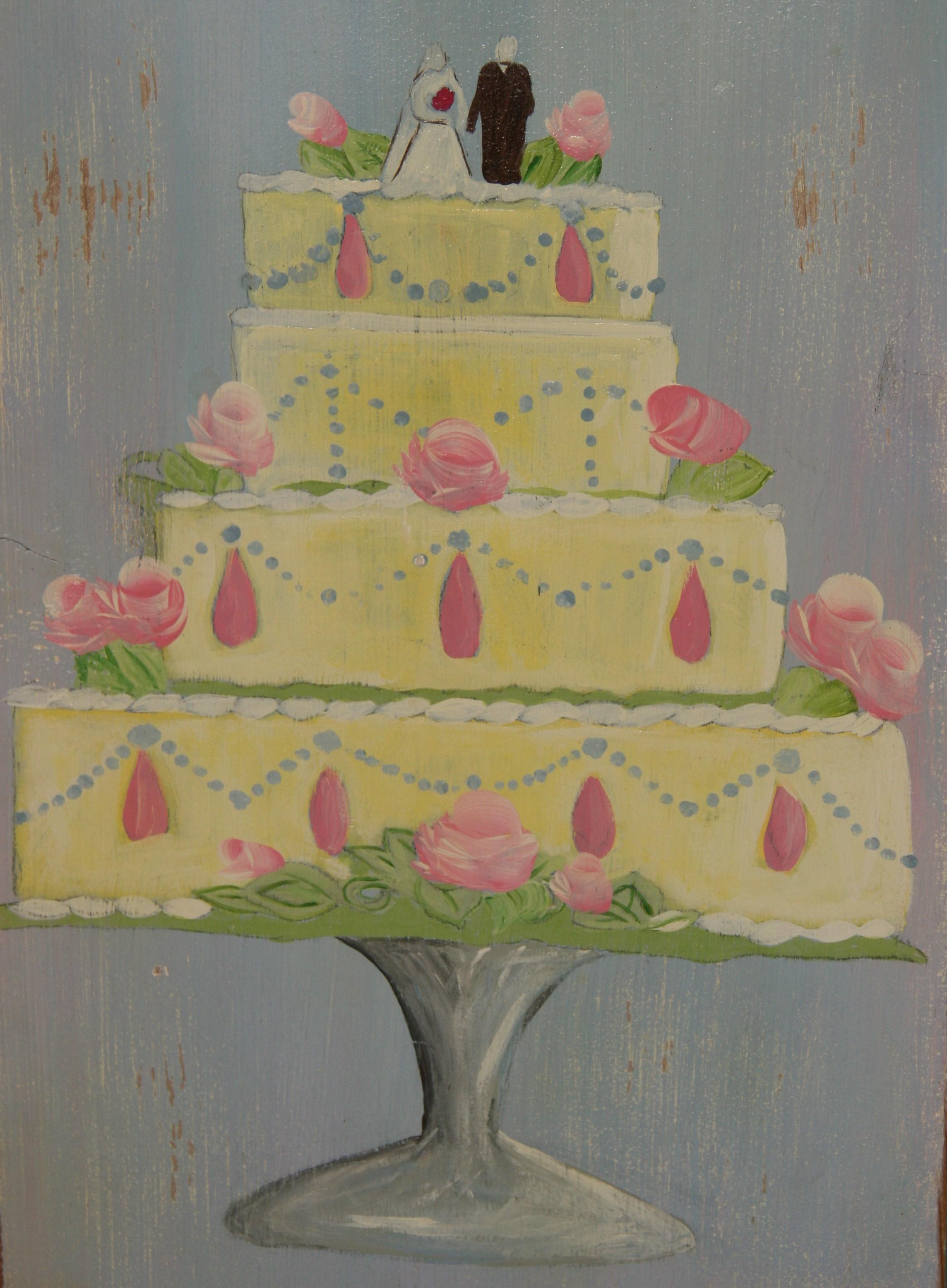Modern French Patisserie Wedding Cake on Wood Panel Oil Painting For Sale 1