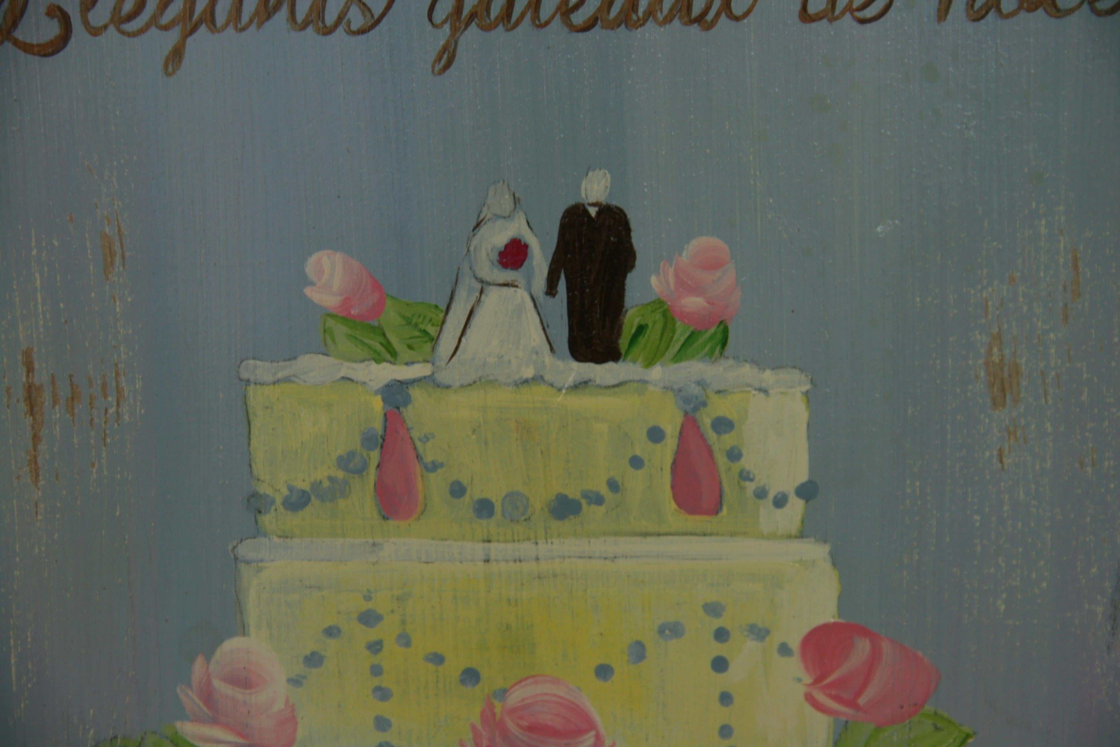 Modern French Patisserie Wedding Cake on Wood Panel Oil Painting For Sale 3