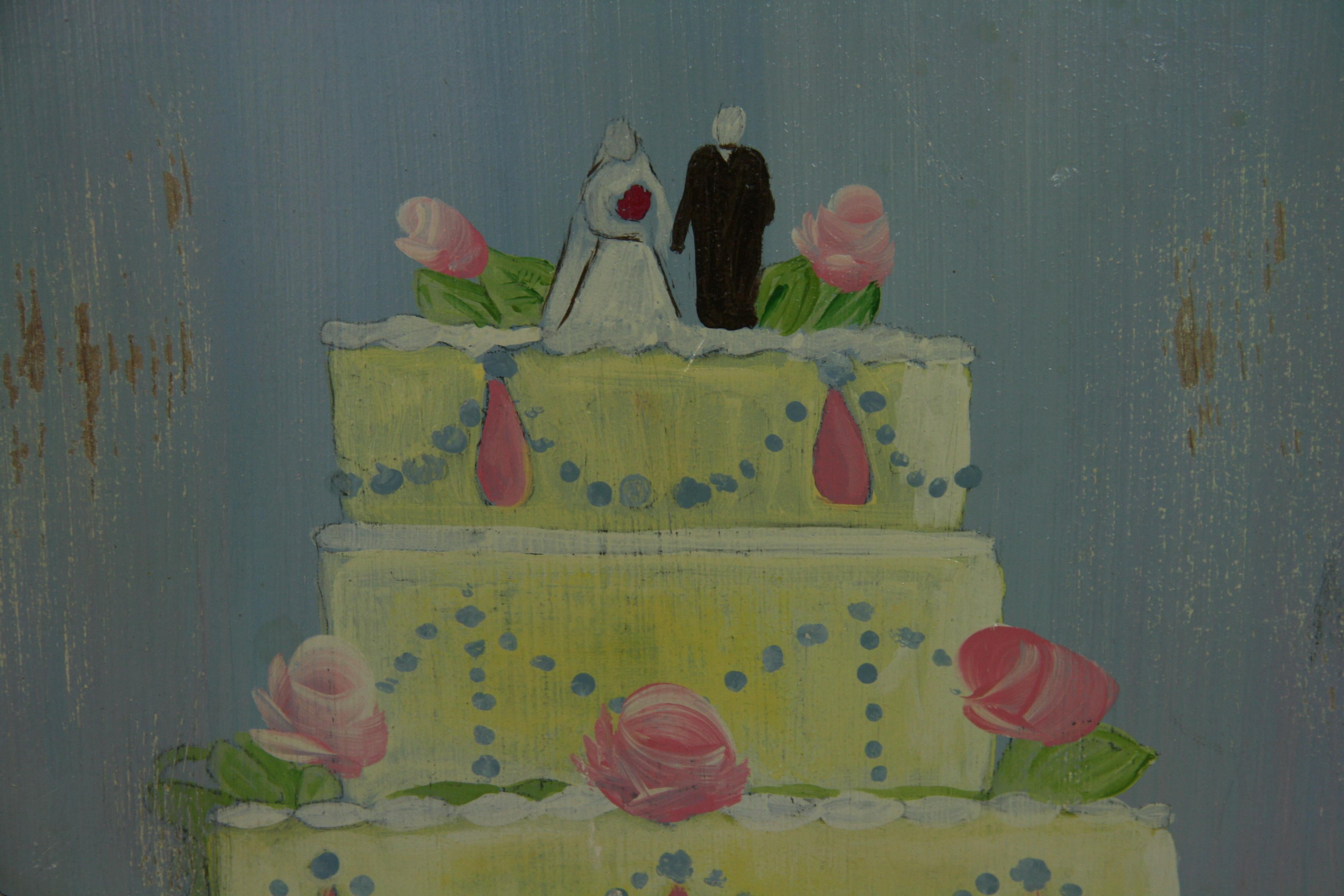 Modern French Patisserie Wedding Cake on Wood Panel Oil Painting For Sale 4
