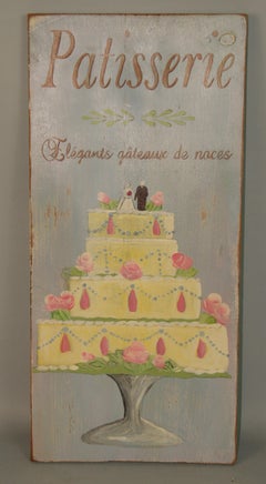 Modernes modernes französisches Patisserie-Hochzeitstortengemälde auf Holzplatte, Ölgemälde