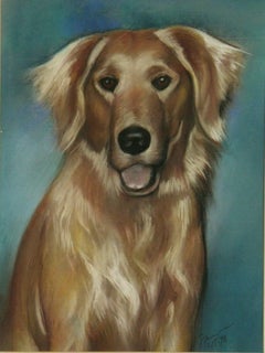 Vintage Modern Golden Retriever Dog Oil Pastel Painting