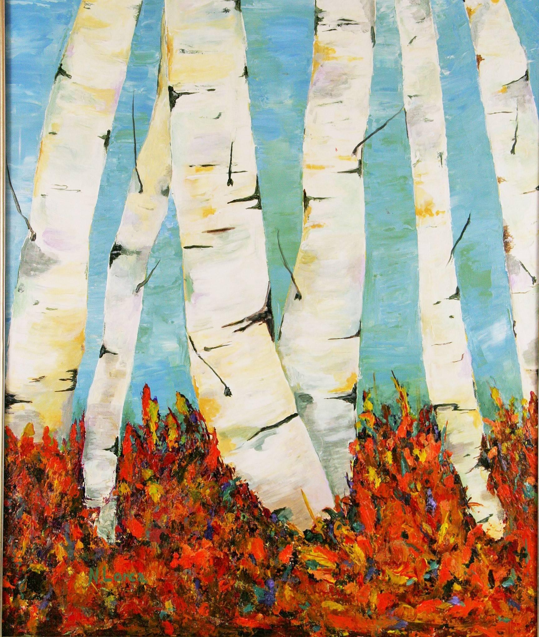 4060    Modern Impressionist birch tree landscape  on canvas signed lower left by N.Lorca. 