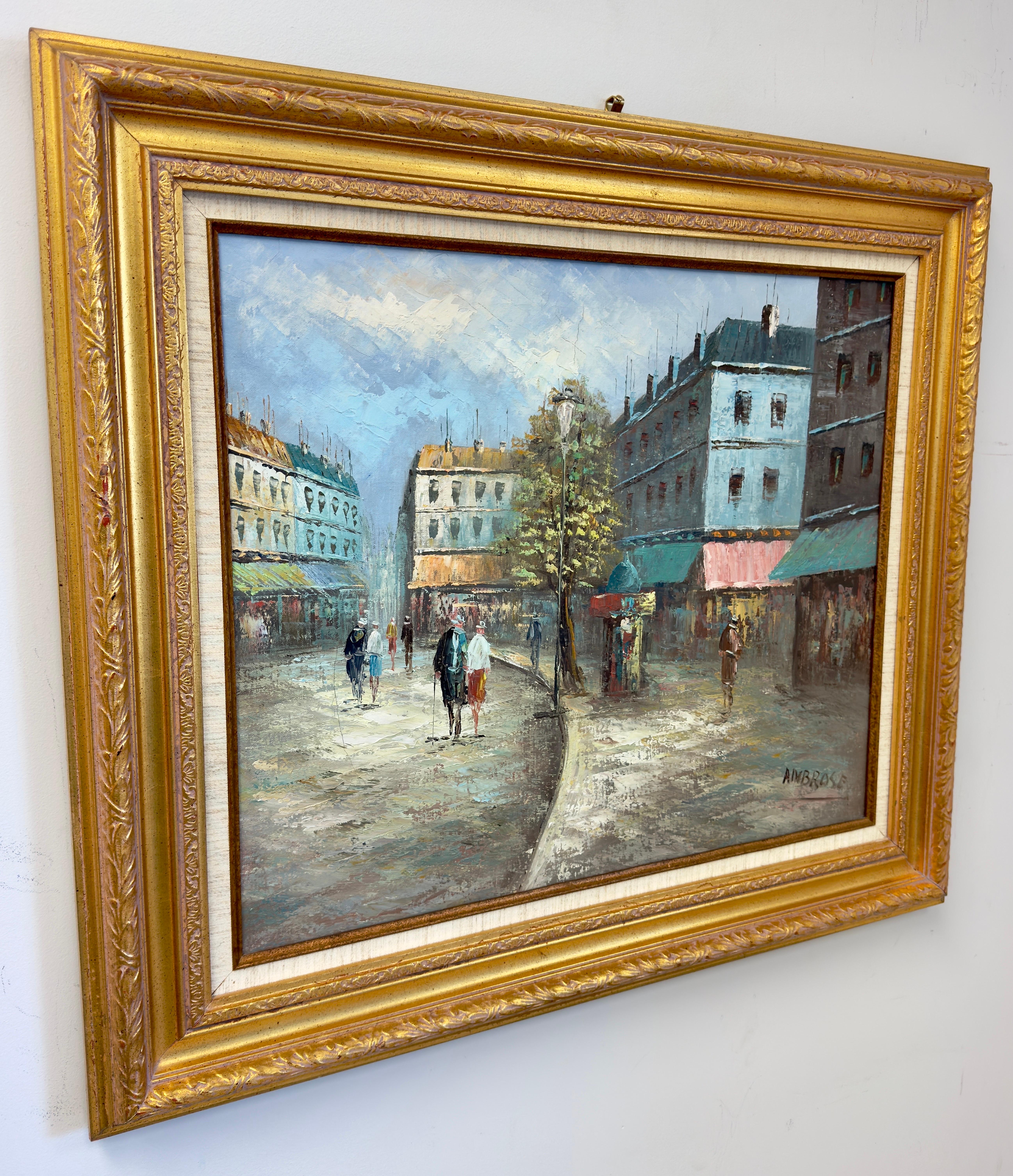 Modern Impressionist European City Street Oil on Canvas by Ambrose, Signed - Brown Landscape Painting by Unknown