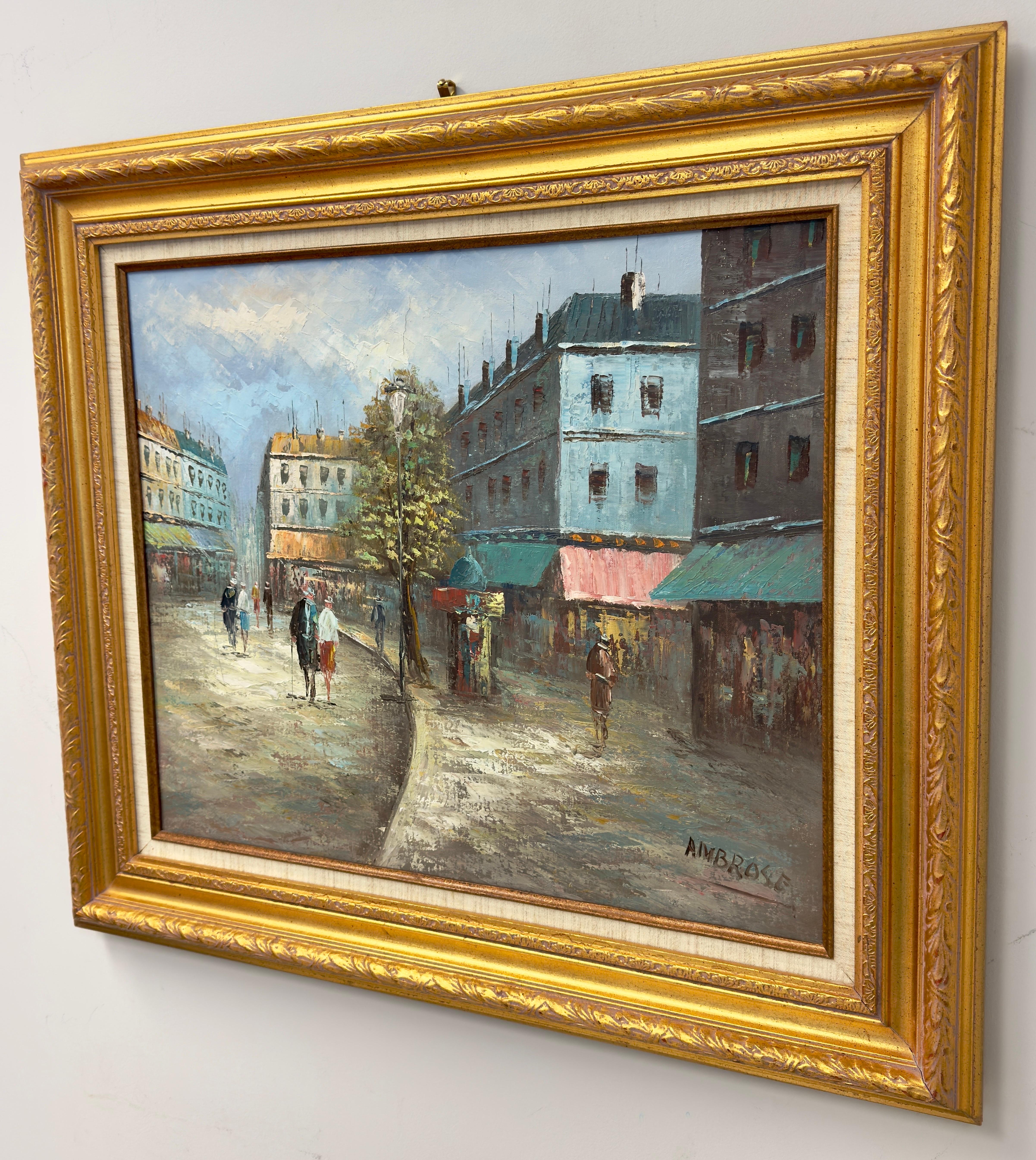 A oil on canvas painting depicting a lively street scene in a European city possibly Paris.  The buildings have a classic, old-world charm, with varied facades and colorful awnings. In the foreground, there are several figures walking and
