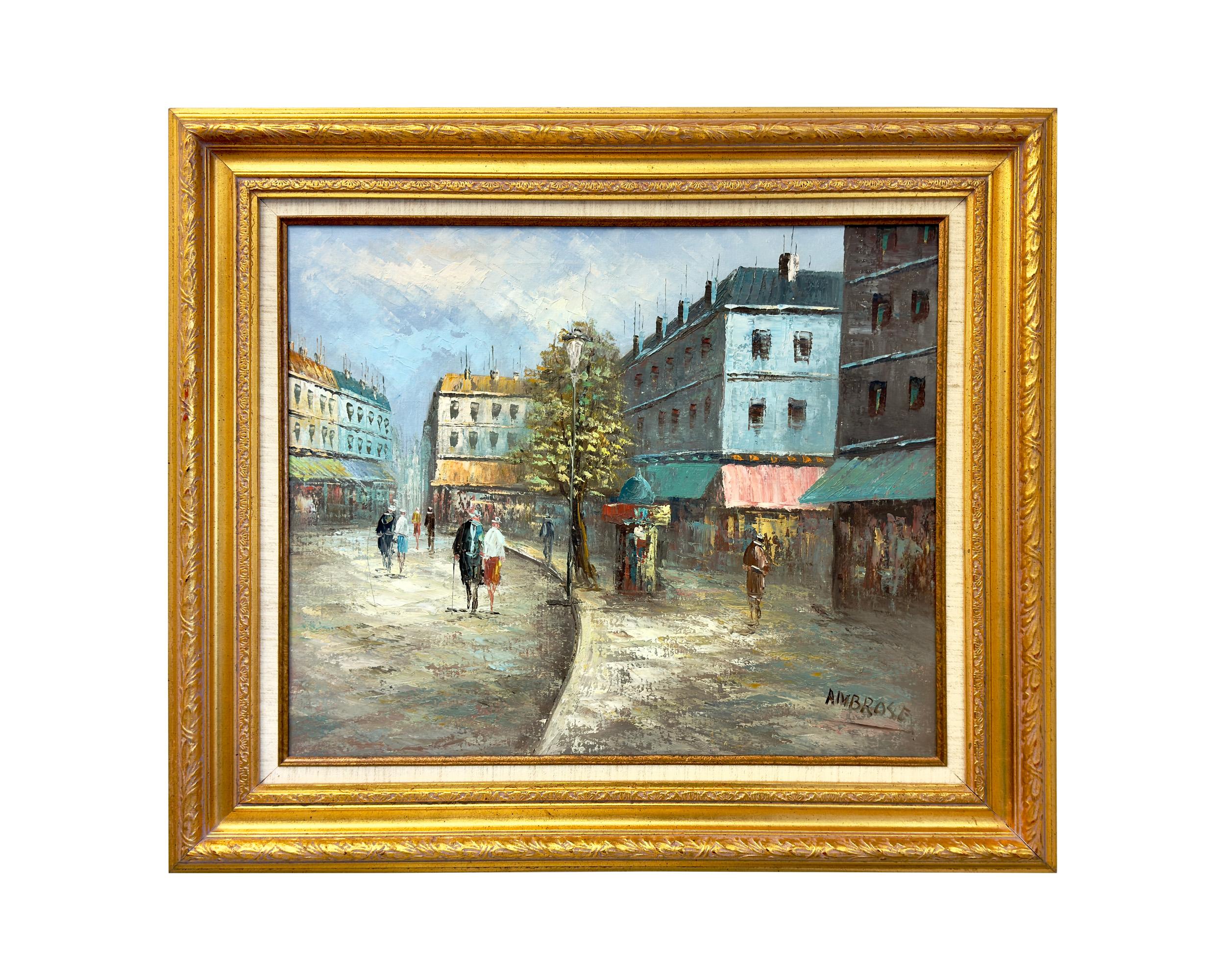 Modern-impressionistische europäische Stadtstraße, Öl auf Leinwand von Ambrose, signiert