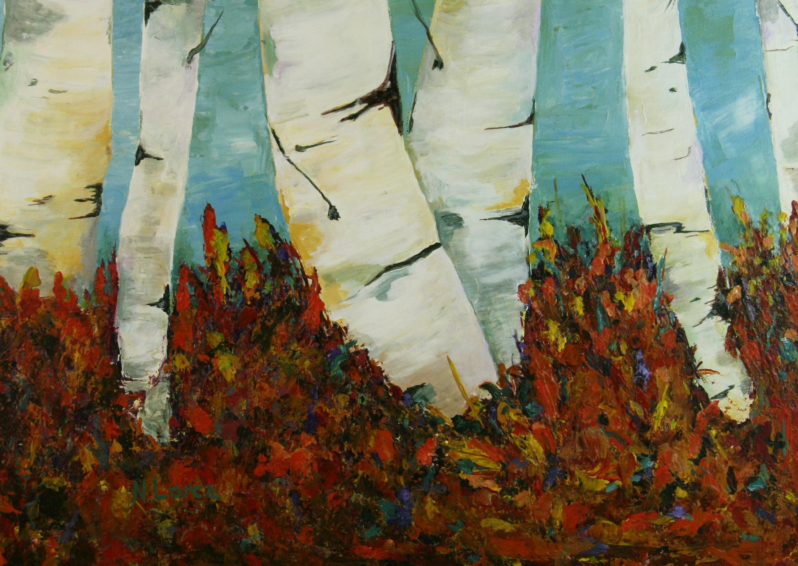 4060    Modern Impressionist birch tree landscape acrylic on canvas signed lower left by N.Lorca. 