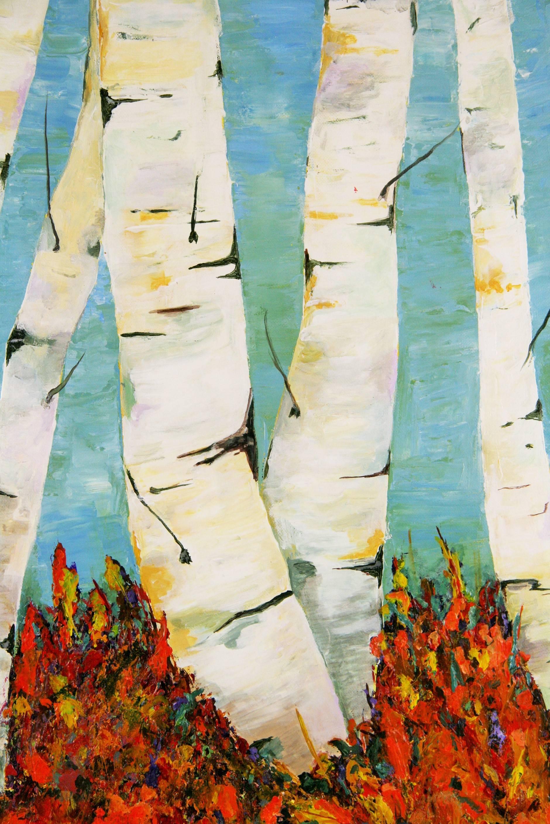 4060    Paesaggio impressionista moderno con betulla  su tela firmata in basso a sinistra da N.Lorca. 
