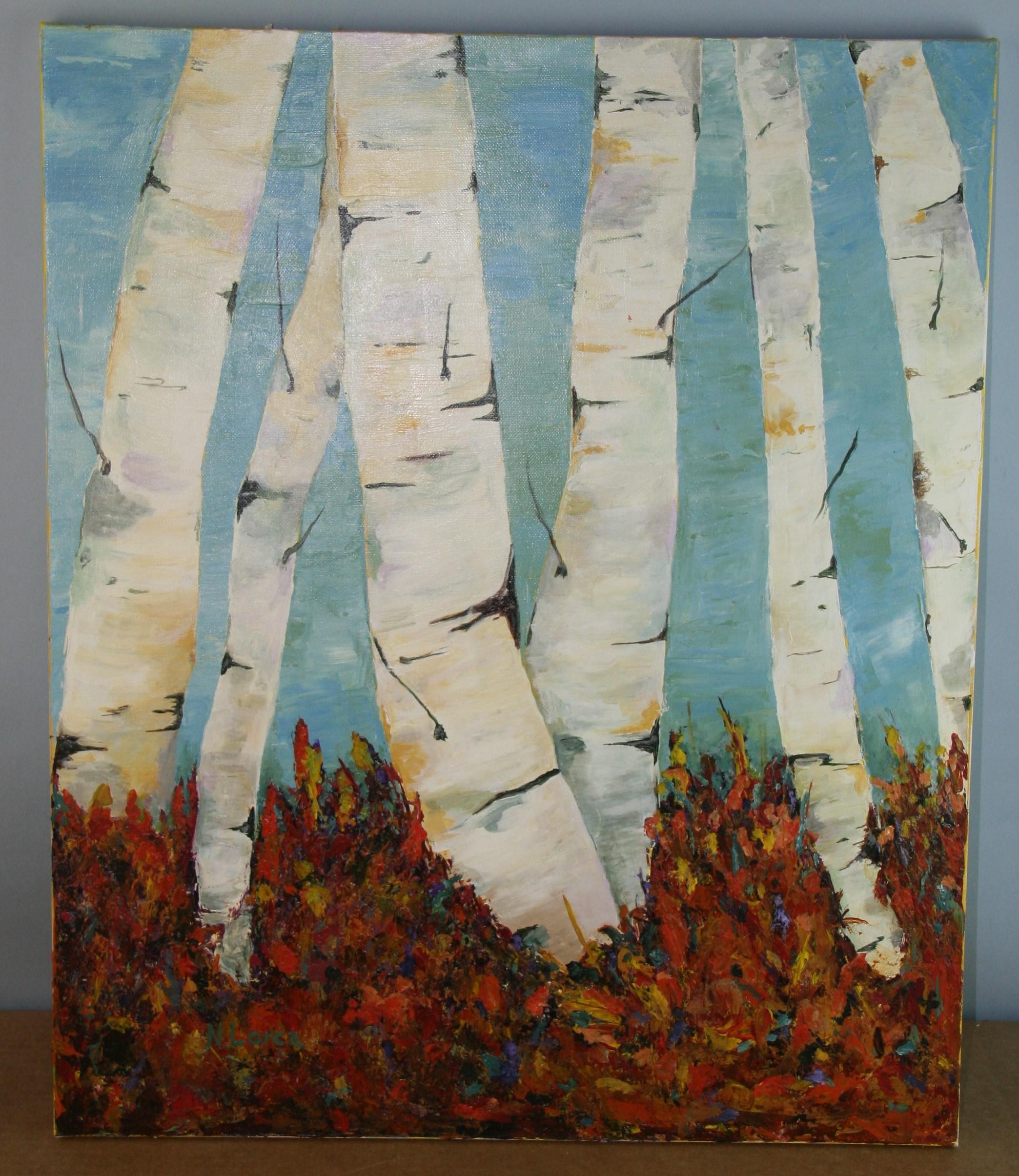 Impressionista moderno Grandi alberi di betulla Vista Paesaggio   Pittura in vendita 1