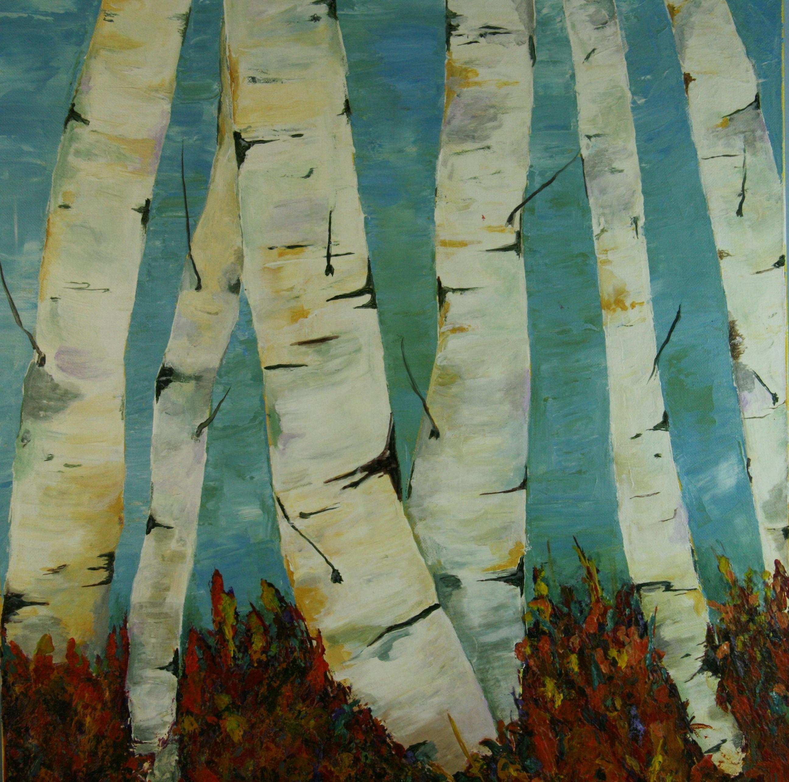 Impressionista moderno Grandi alberi di betulla Vista Paesaggio   Pittura in vendita 2