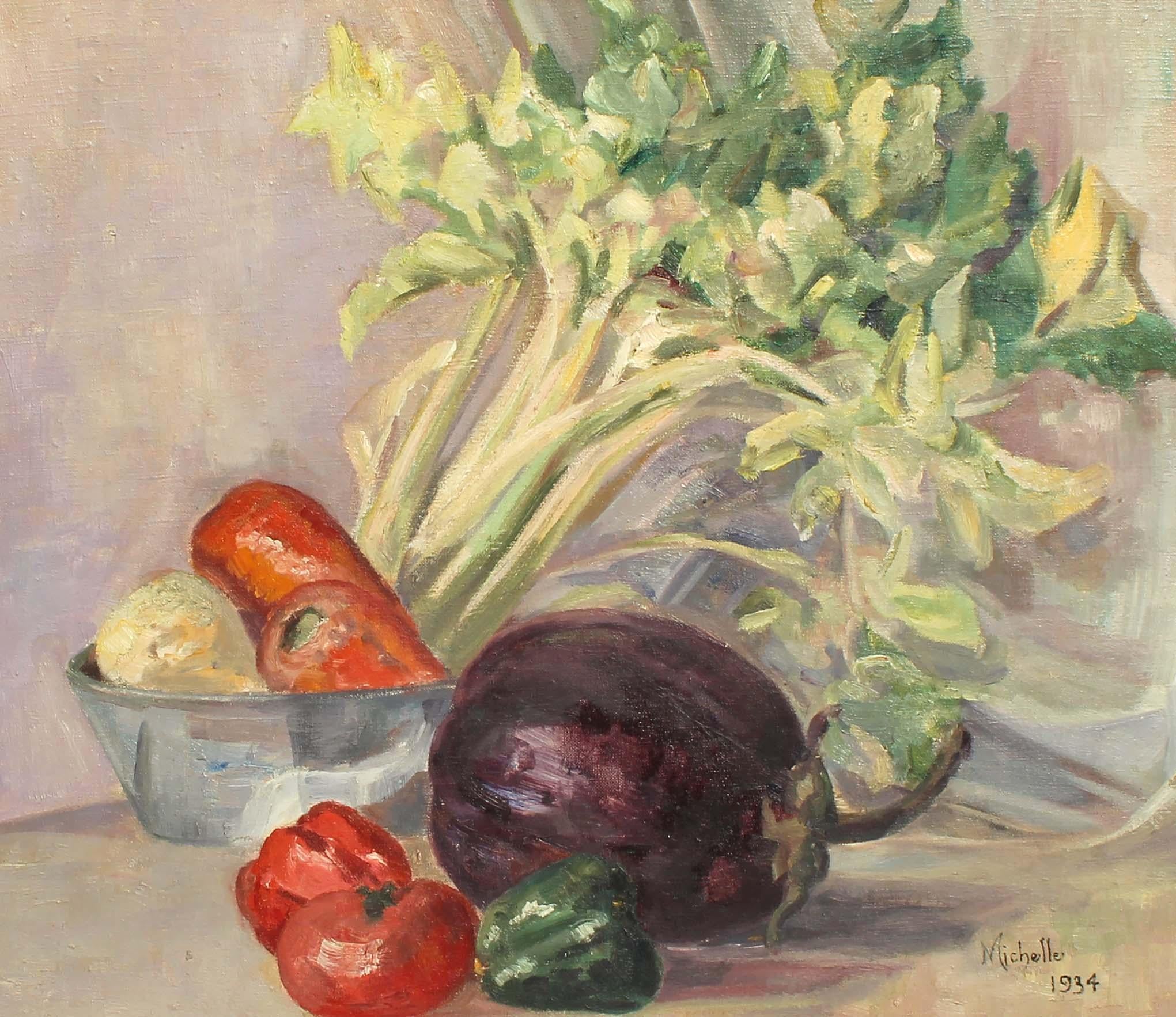Pittura ad olio moderna impressionista di natura morta vegetale Melanzane e sedano 1934 - Painting di Unknown