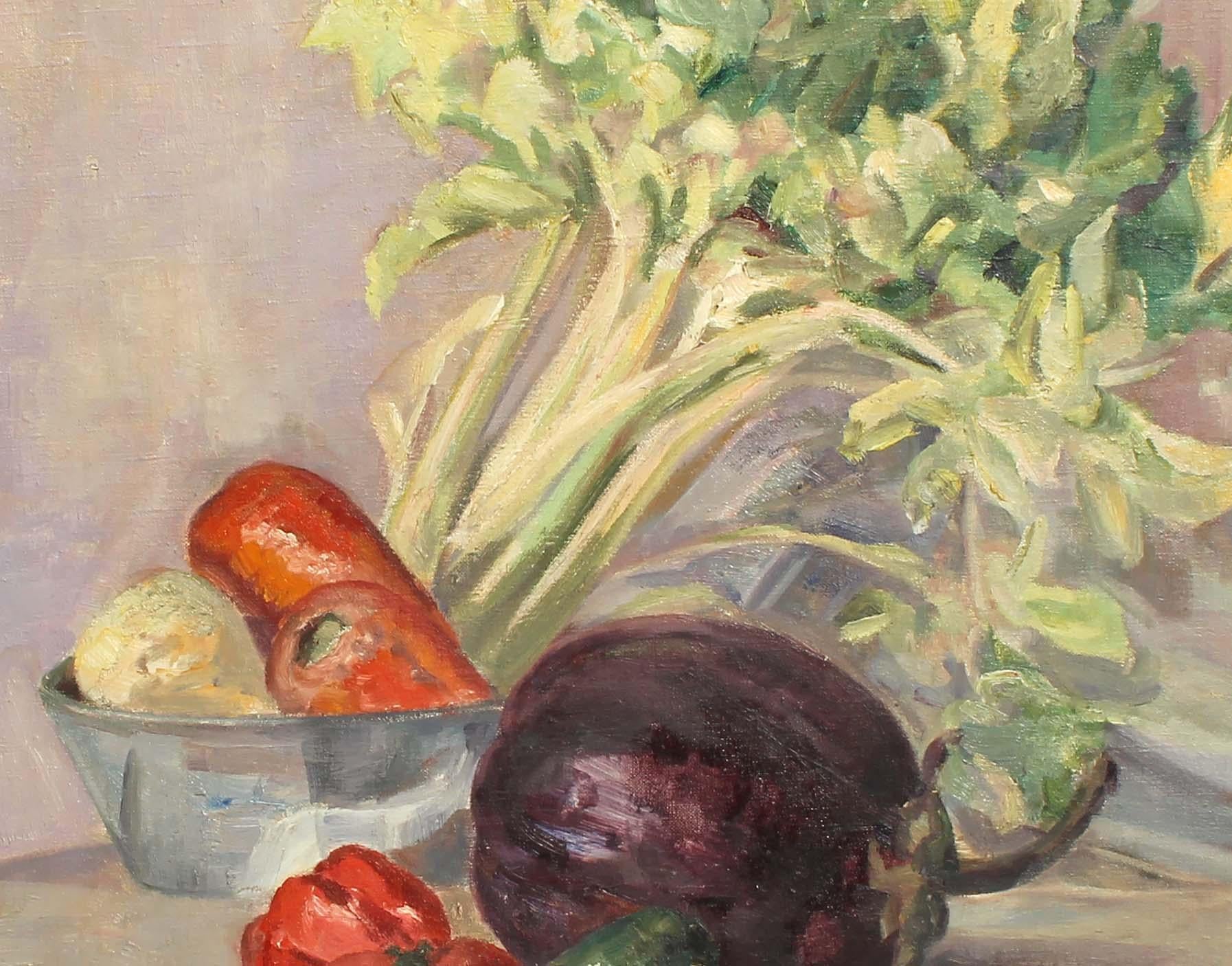 Modernes modernes impressionistisches Stillleben Gemüse Ölgemälde Aubergine Celery 1934 (Amerikanischer Impressionismus), Painting, von Unknown