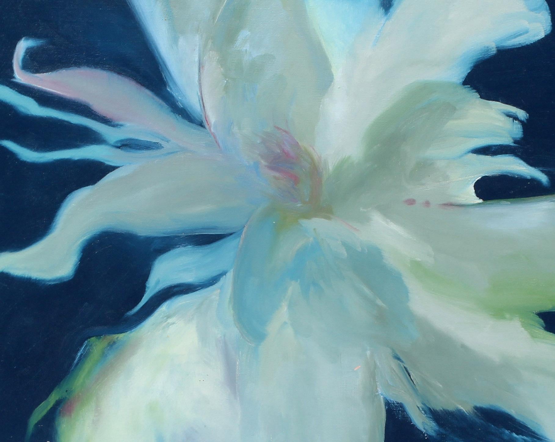 Modern Mid Century Expressionist Floral Ölgemälde Gerahmt Blau Weiß Lilie (Expressionismus), Painting, von Unknown