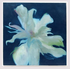 Pittura ad olio moderna di metà secolo espressionista floreale incorniciata Giglio blu bianco