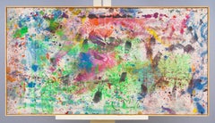 Modern Neon Colored Gestural Splatter Framed Abstract Painting