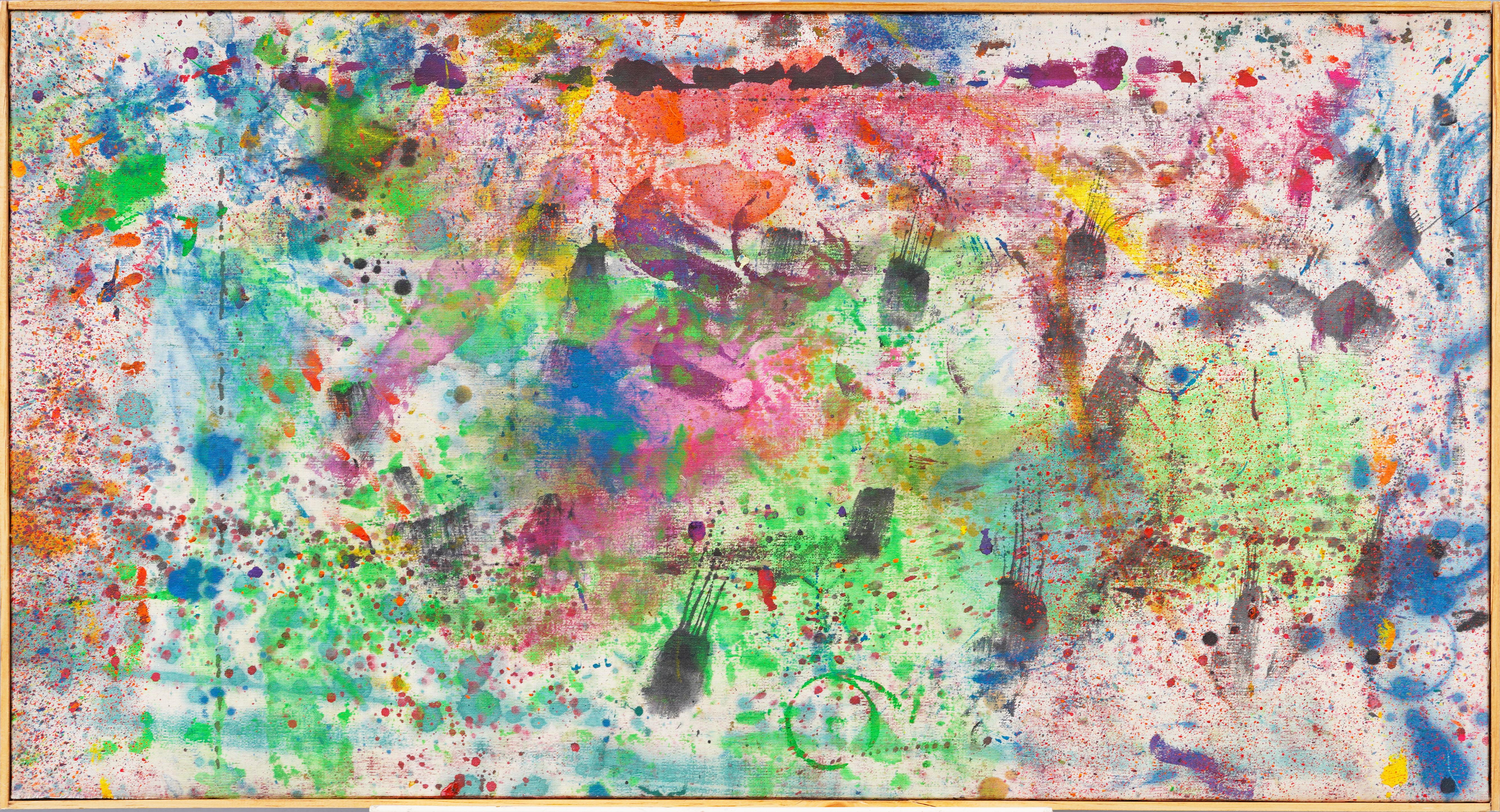 Vintage American abstract painting on canvas. Framed. Measuring: 20.5 by 38.5 inches overall and 20 x 38 painting alone. Framed in a wood molding.  Excellent condition, ready to hang and enjoy. 