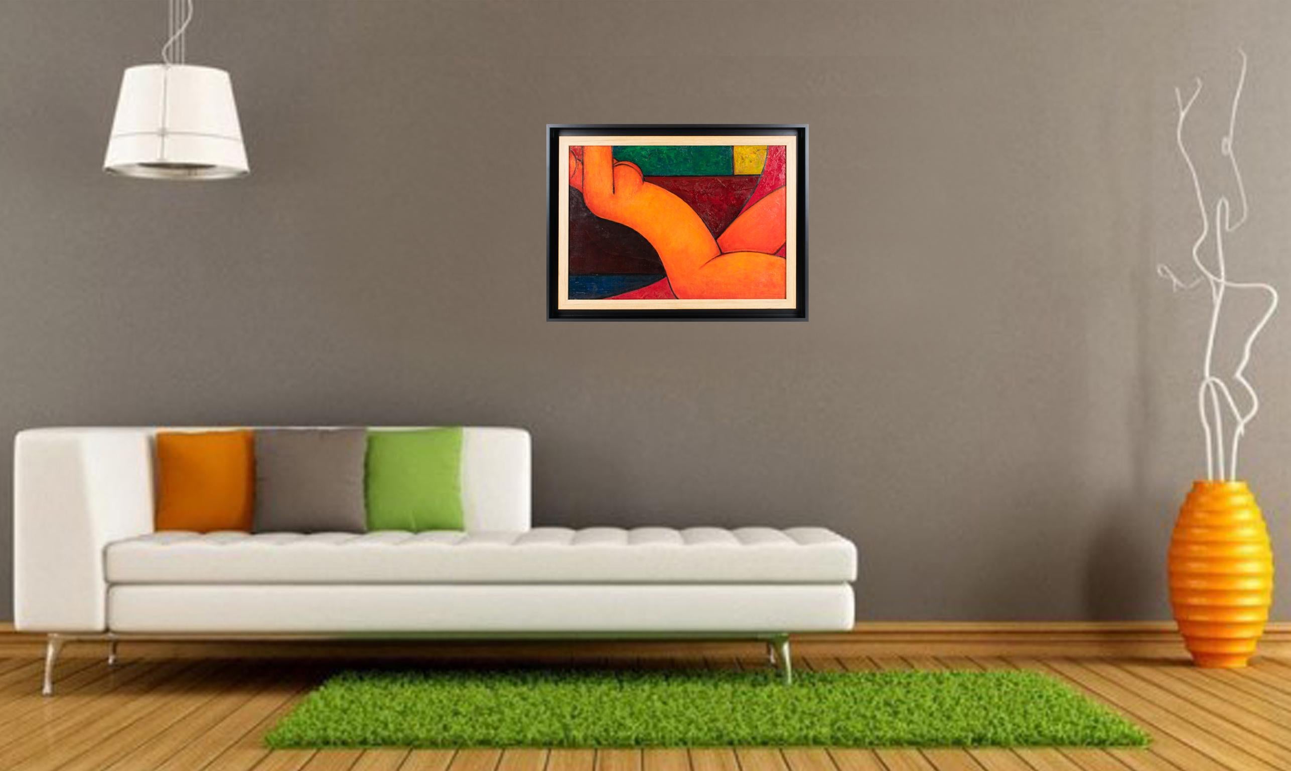 Moderner orangefarbener Akt, Öl auf Leinwand, Gemälde (Orange), Abstract Painting, von Unknown