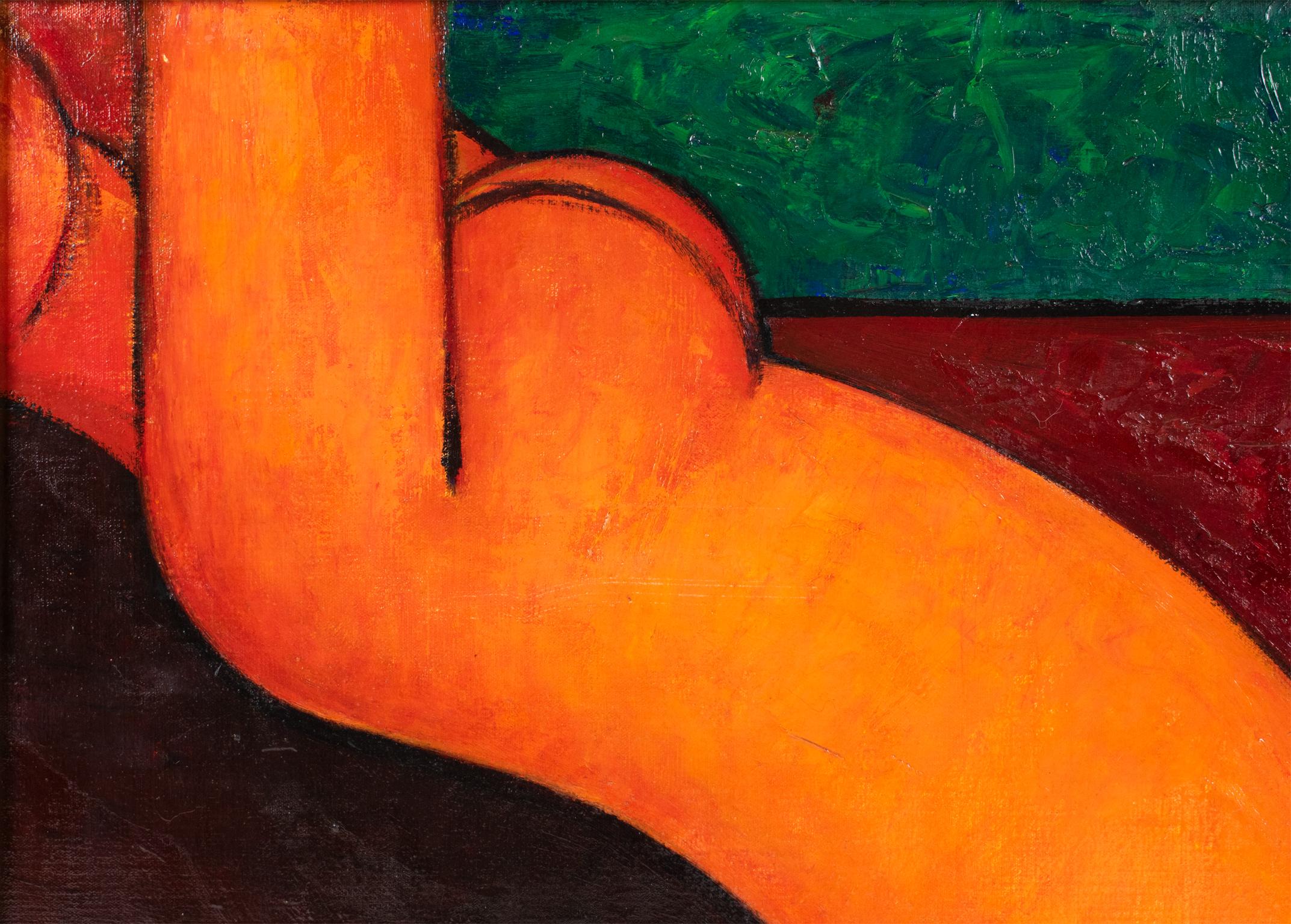Modern Orange Nude Oil on Canvas Painting For Sale 7