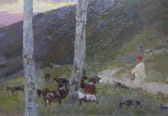 Modern Painting German Landscape Shepherd goats 20th Monogram Jugendstil