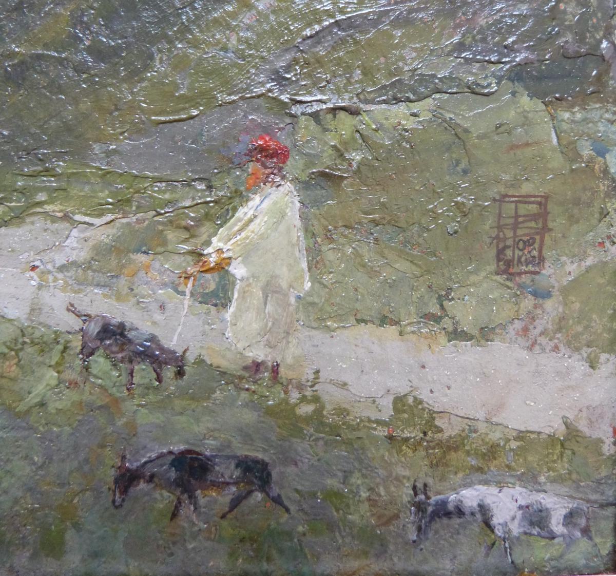 Modern Painting German Landscape Shepherd goats 20th Monogram Jugendstil  1