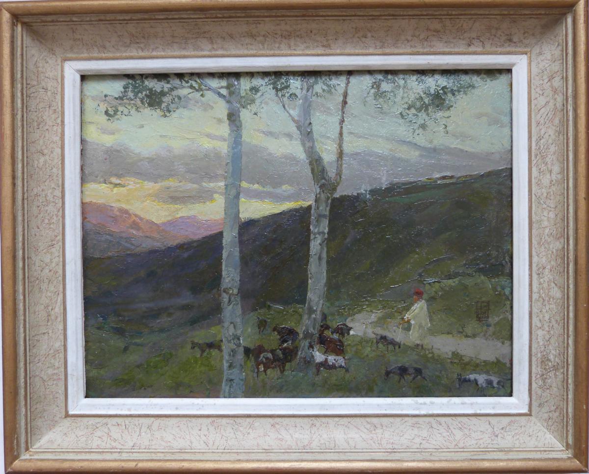 Unknown Landscape Painting - Modern Painting German Landscape Shepherd goats 20th Monogram Jugendstil 