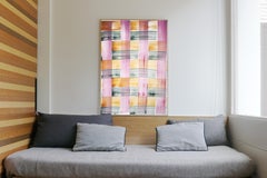 Modern Painting of Abstract Grid Warm Tones on Paper, Colorful Brushstrokes 2021