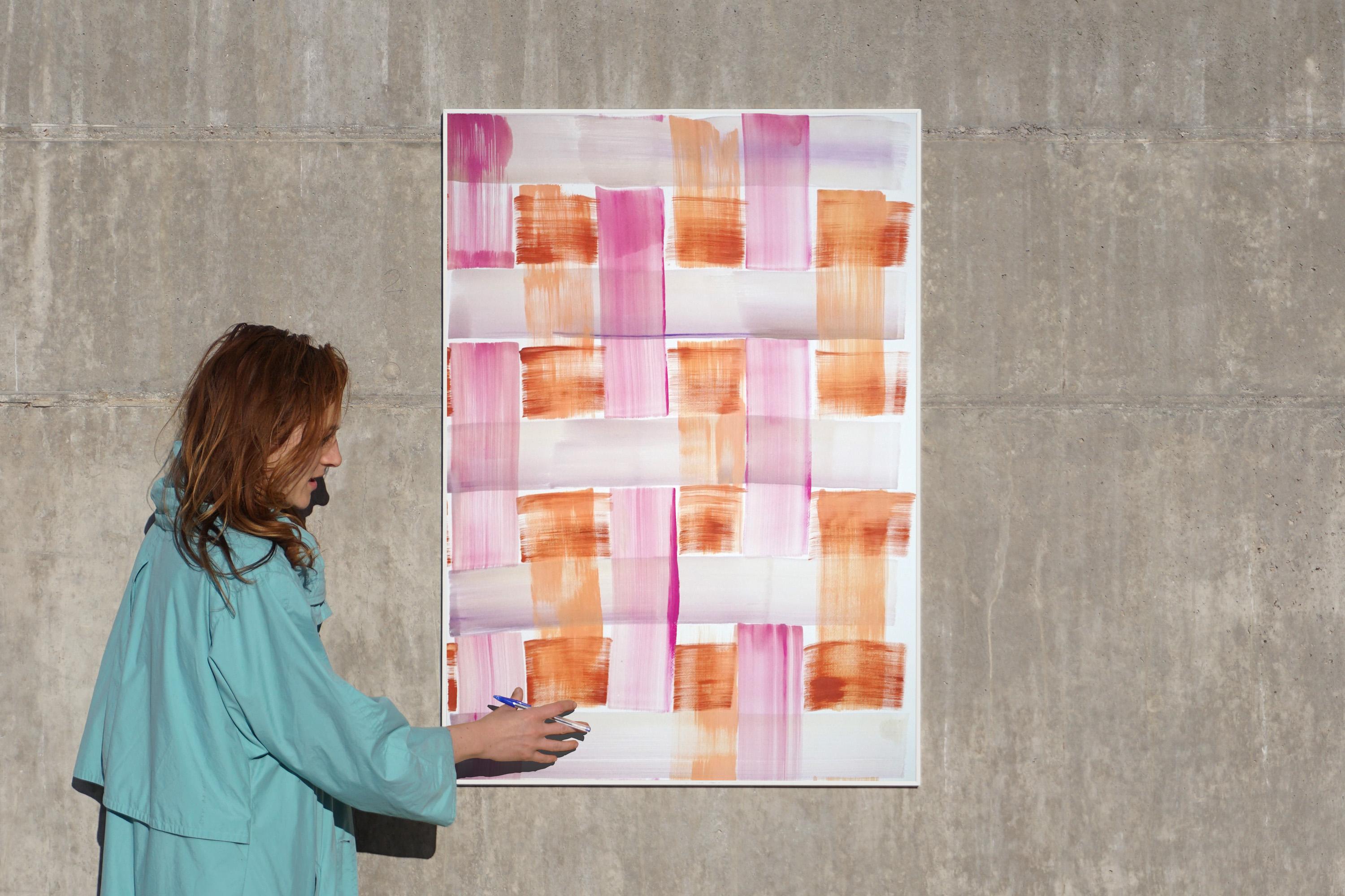 Modern Painting of Pink and Orange Brushstroke Grid, Soft Tones Acrylic on Paper - Beige Abstract Painting by Unknown
