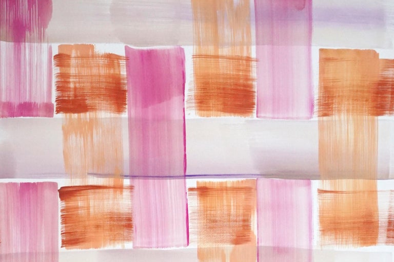 Modern Painting of Pink and Orange Brushstroke Grid, Soft Tones Acrylic on Paper For Sale 1