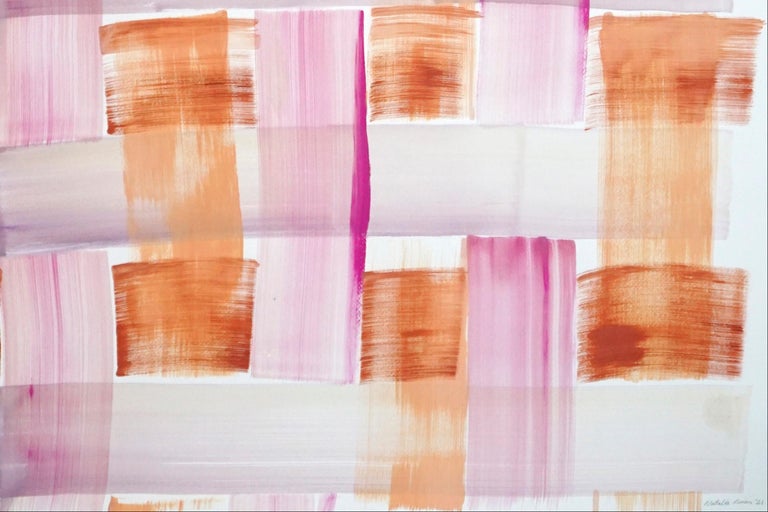 Modern Painting of Pink and Orange Brushstroke Grid, Soft Tones Acrylic on Paper For Sale 2