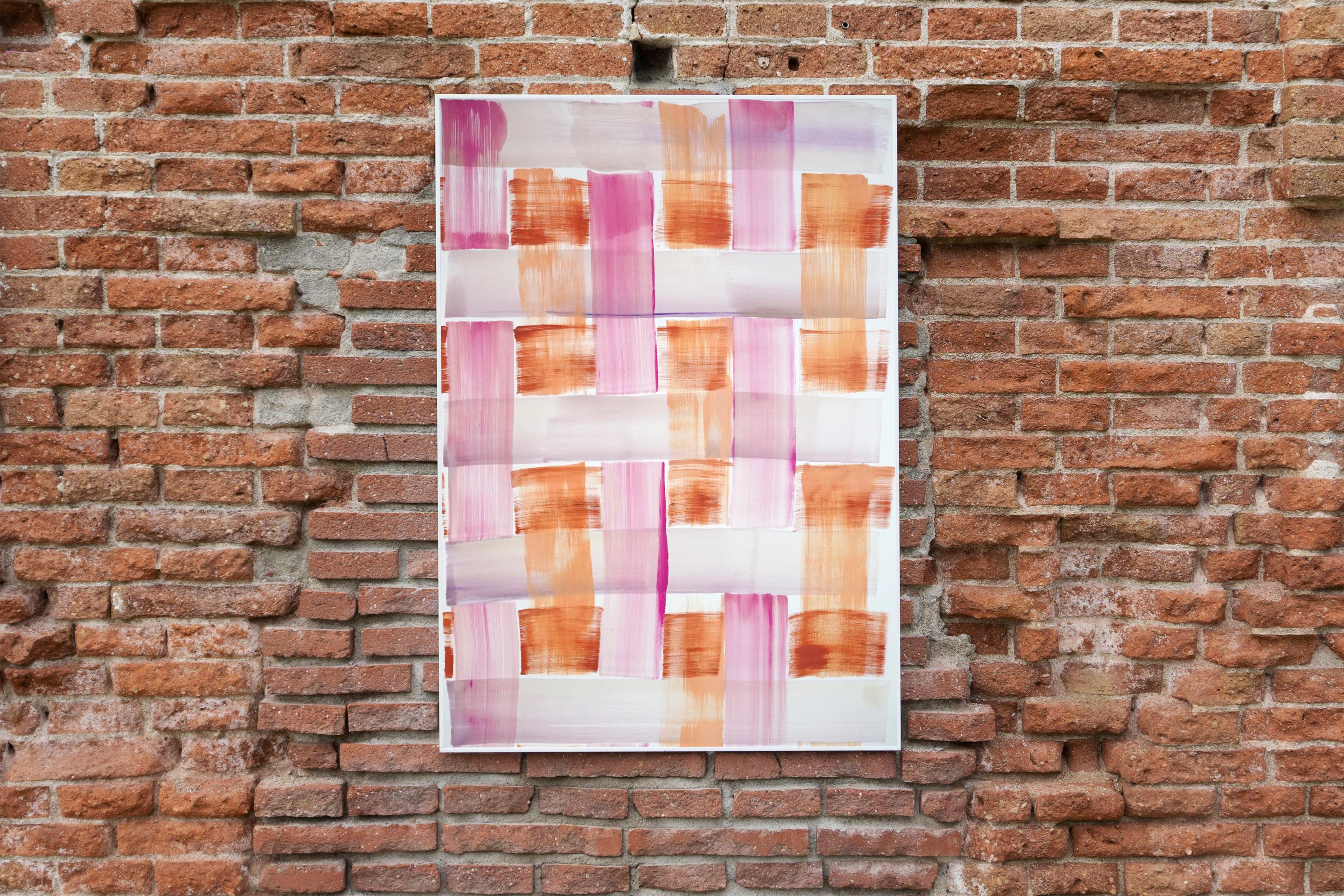 Modern Painting of Pink and Orange Brushstroke Grid, Soft Tones Acrylic on Paper 2