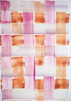 Modern Painting of Pink and Orange Brushstroke Grid, Soft Tones Acrylic on Paper