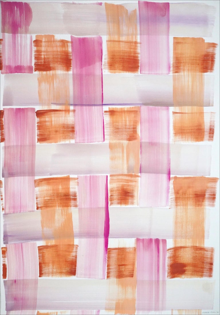 Unknown Abstract Painting - Modern Painting of Pink and Orange Brushstroke Grid, Soft Tones Acrylic on Paper