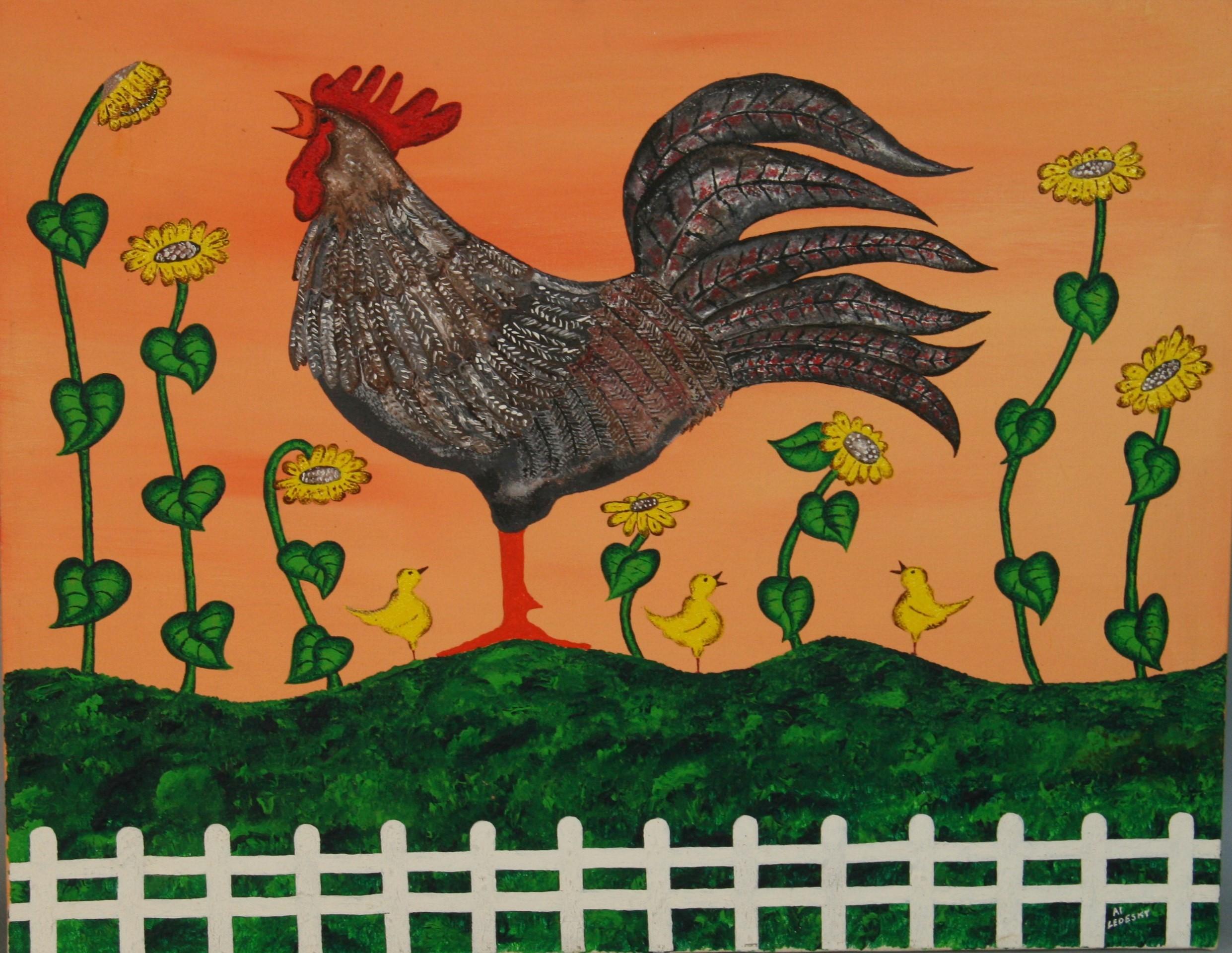 Modern Primitive Rooster and Family 2002 - Painting by Unknown