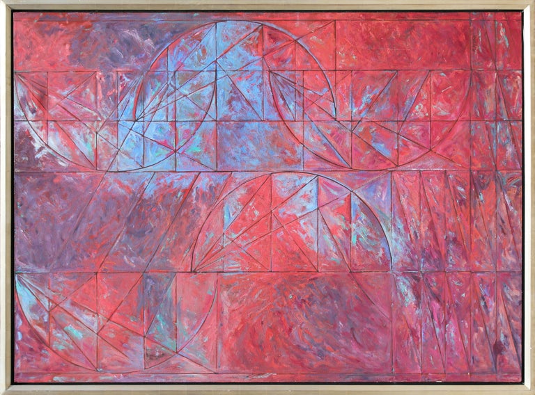 Unknown - Modern Red and Blue Geometric Abstract Painting with Linear ...
