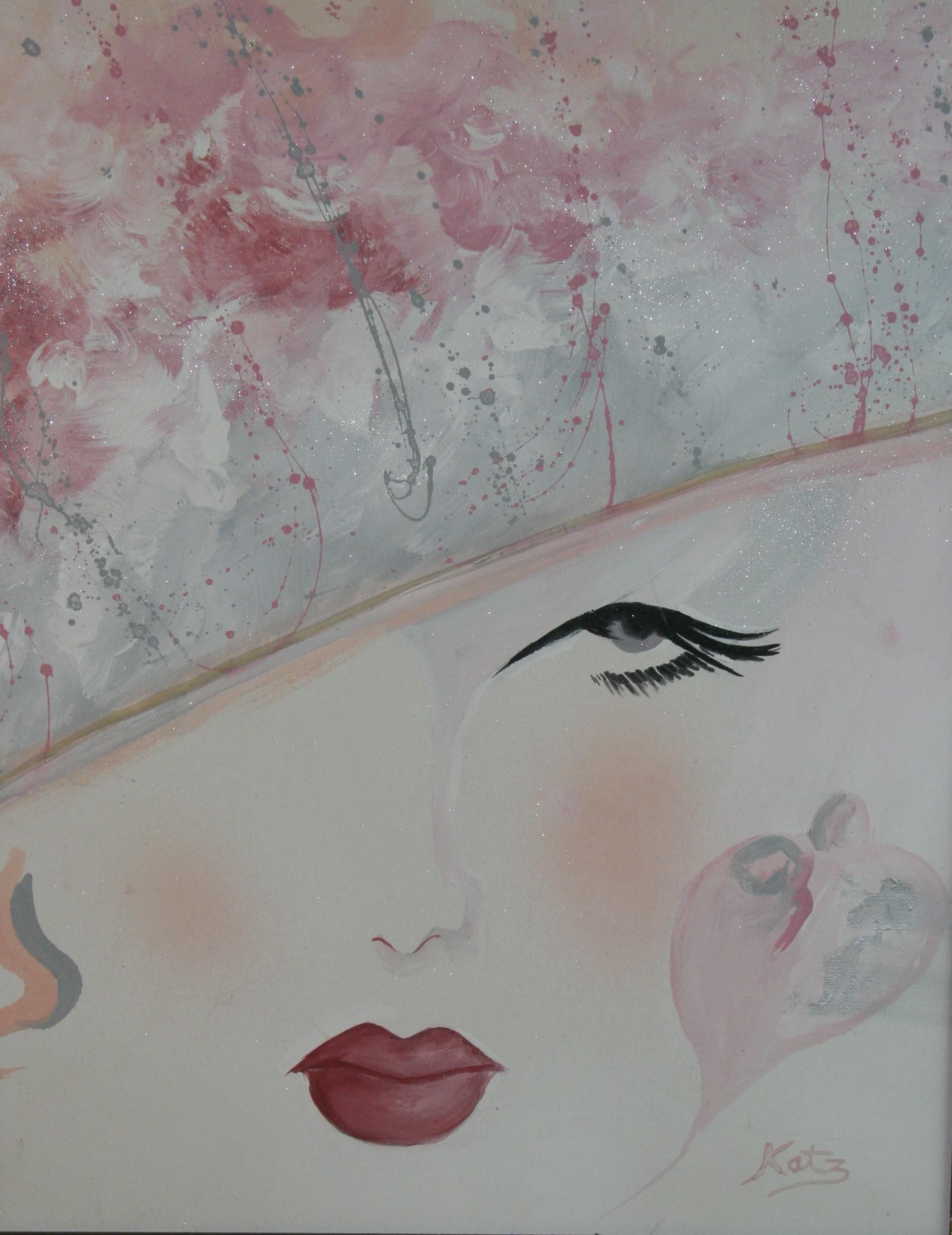 Modern Red Lips Figural Painting by Katz - Gray Portrait Painting by Unknown