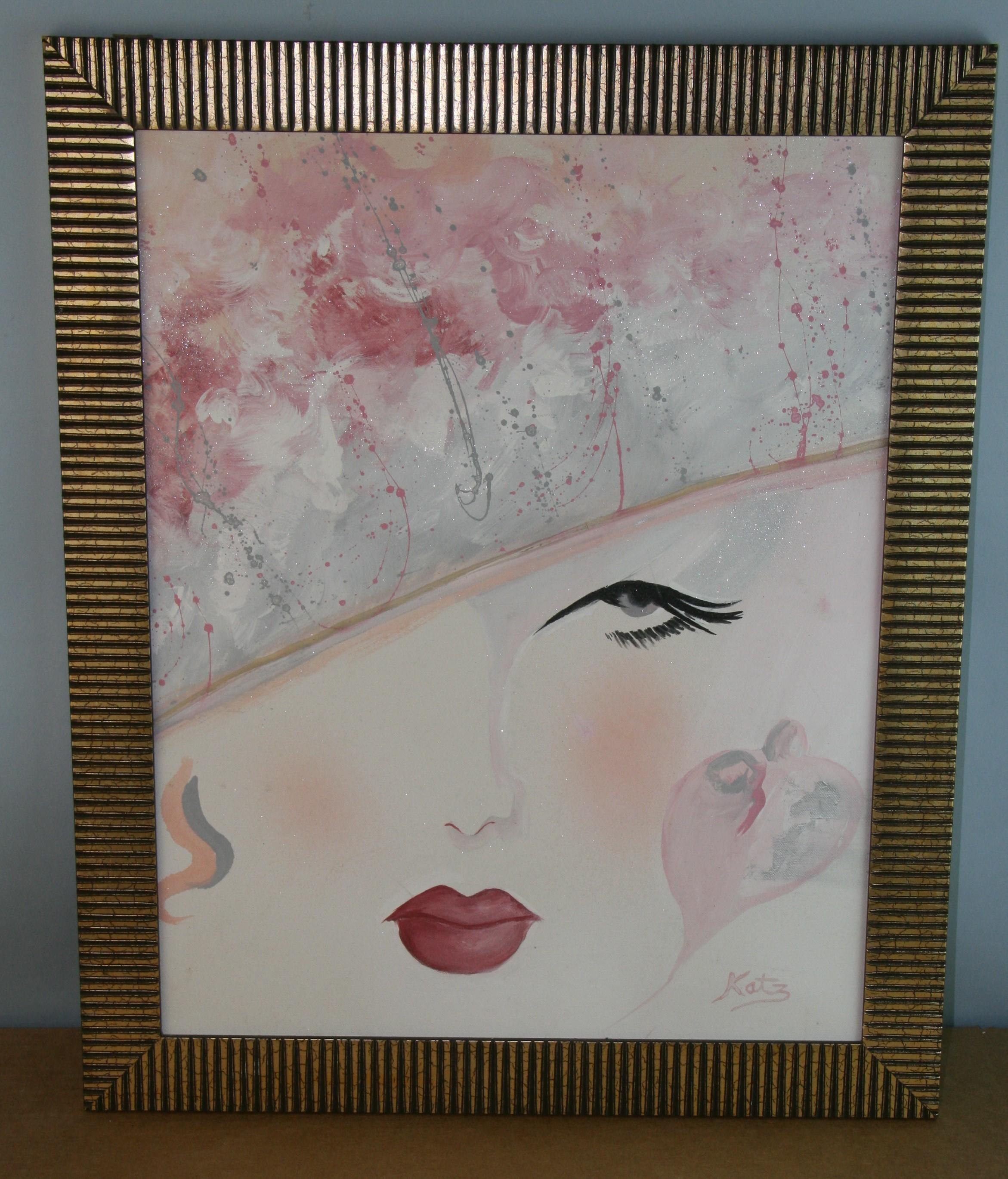Unknown Portrait Painting - Modern Red Lips Figural Painting by Katz
