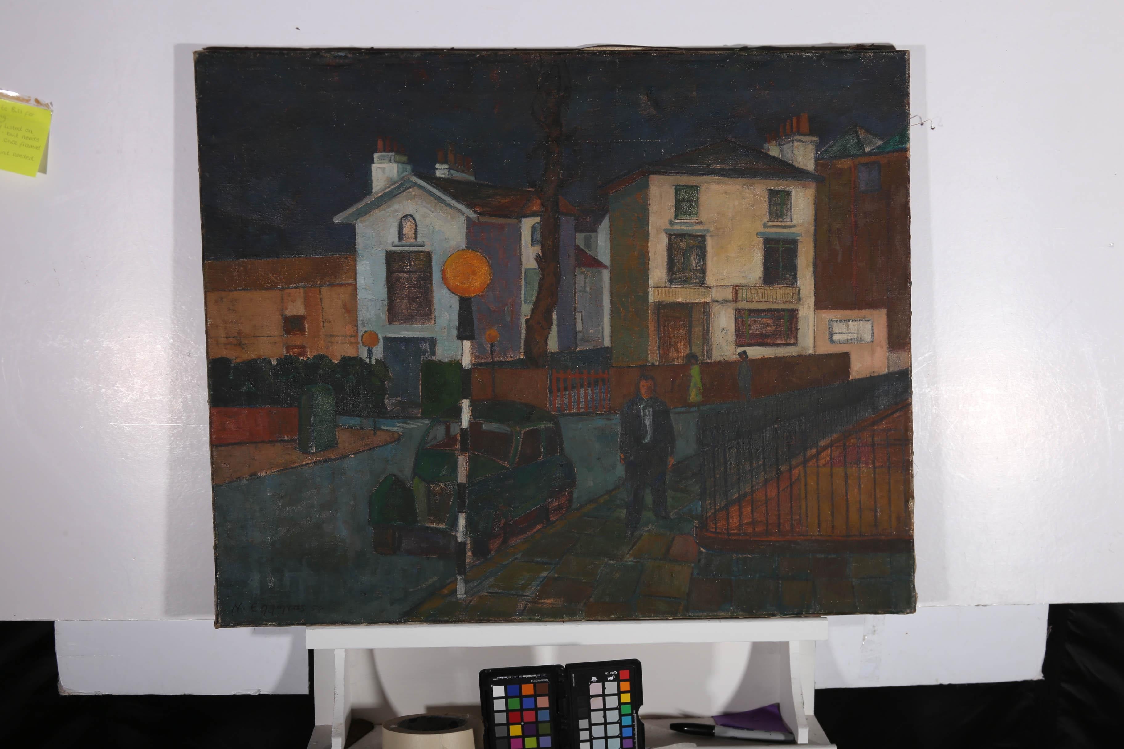 Unknown Landscape Painting - Modern School 1957 Oil - Walking Down The Street
