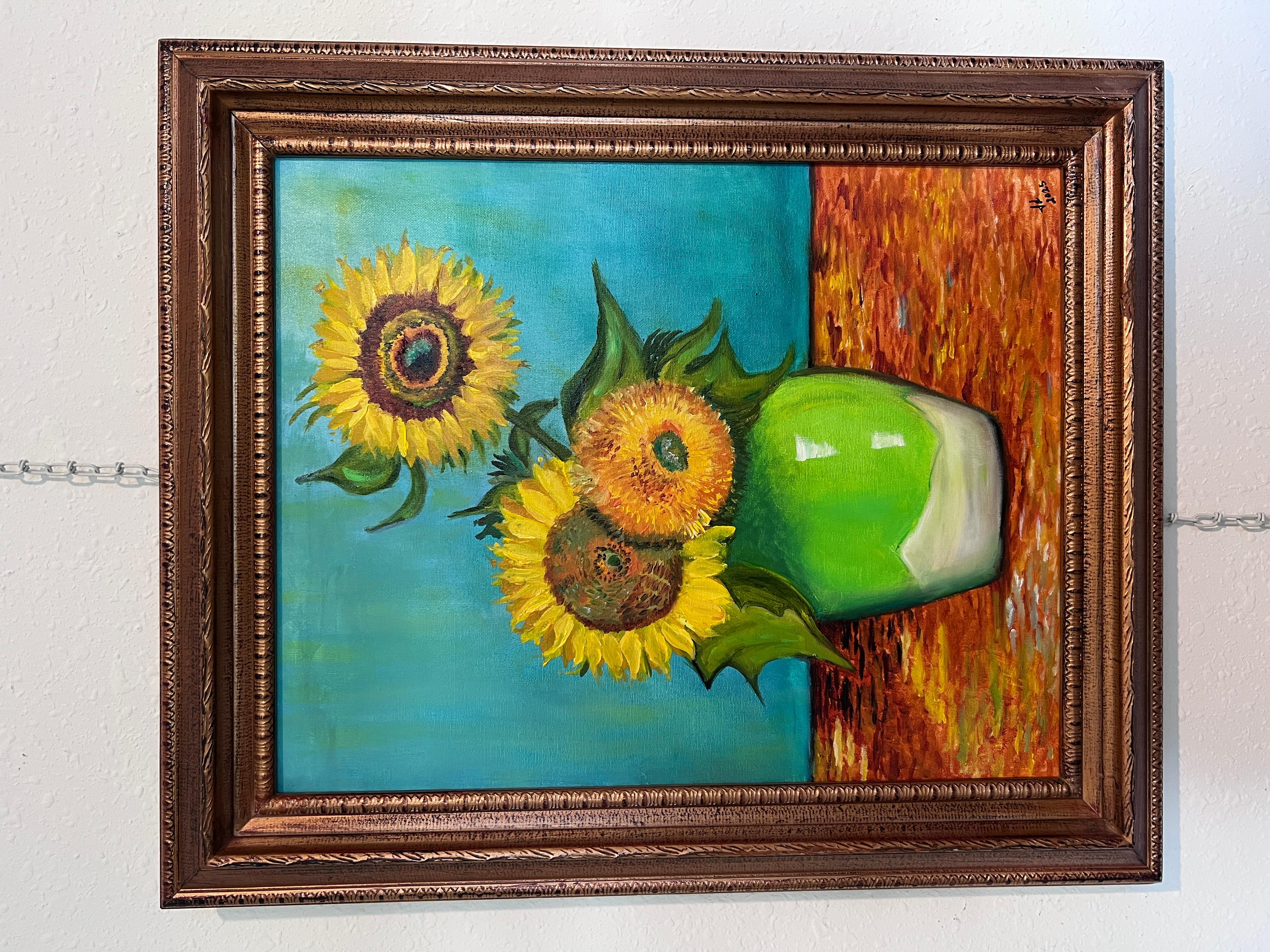 Modernes Sonnenblumen Stilleben Acrylgemälde im Van Gogh Stil Signiert 2025 – Painting von Unknown