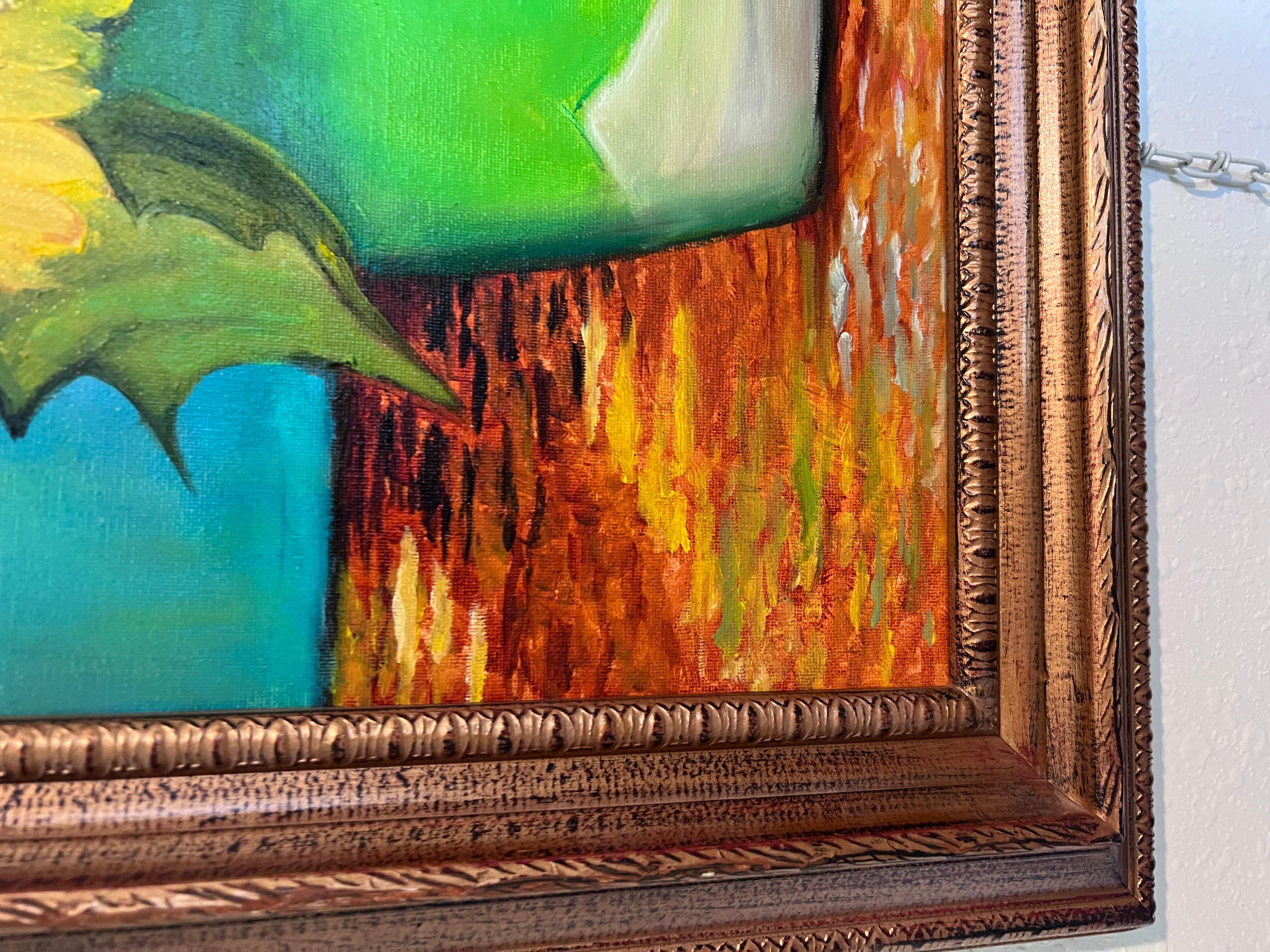 Modernes Sonnenblumen Stilleben Acrylgemälde im Van Gogh Stil Signiert 2025 (Schwarz), Still-Life Painting, von Unknown