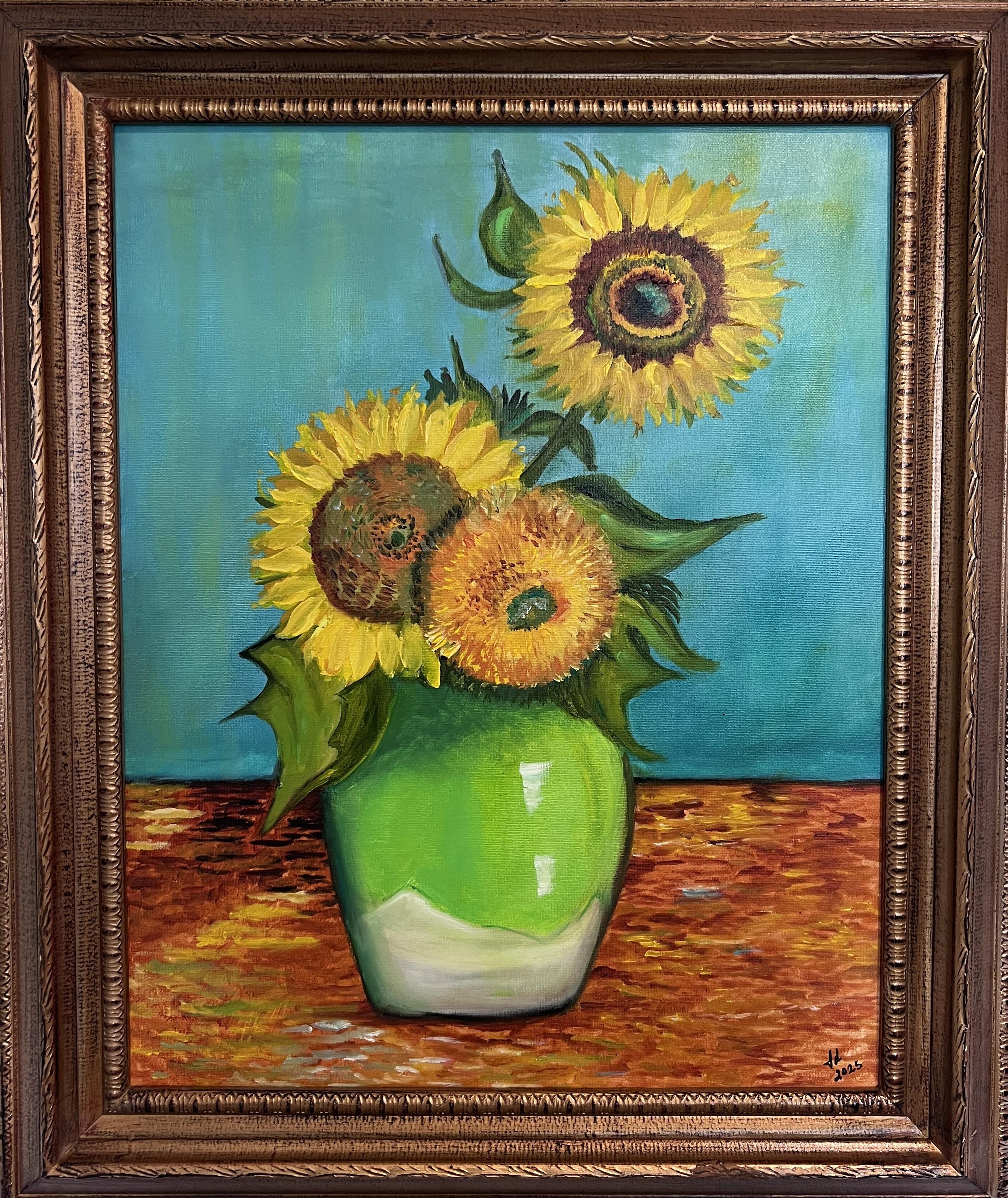 Modernes Sonnenblumen Stilleben Acrylgemälde im Van Gogh Stil Signiert 2025