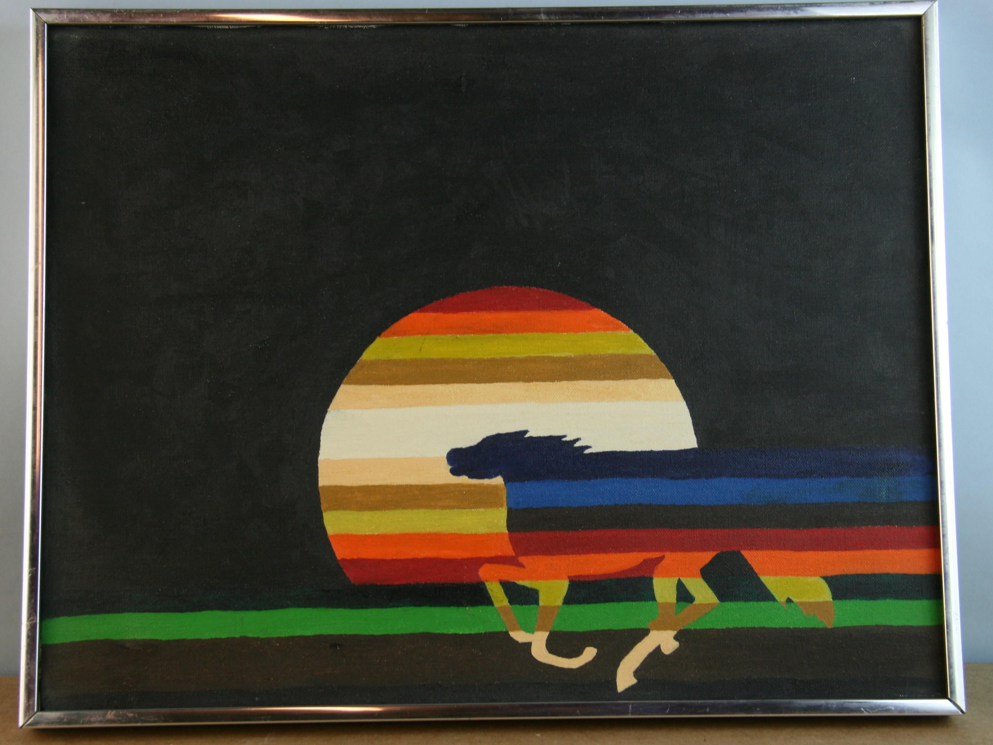 4044a  Surreal acrylic horse painting set in a metal frame
