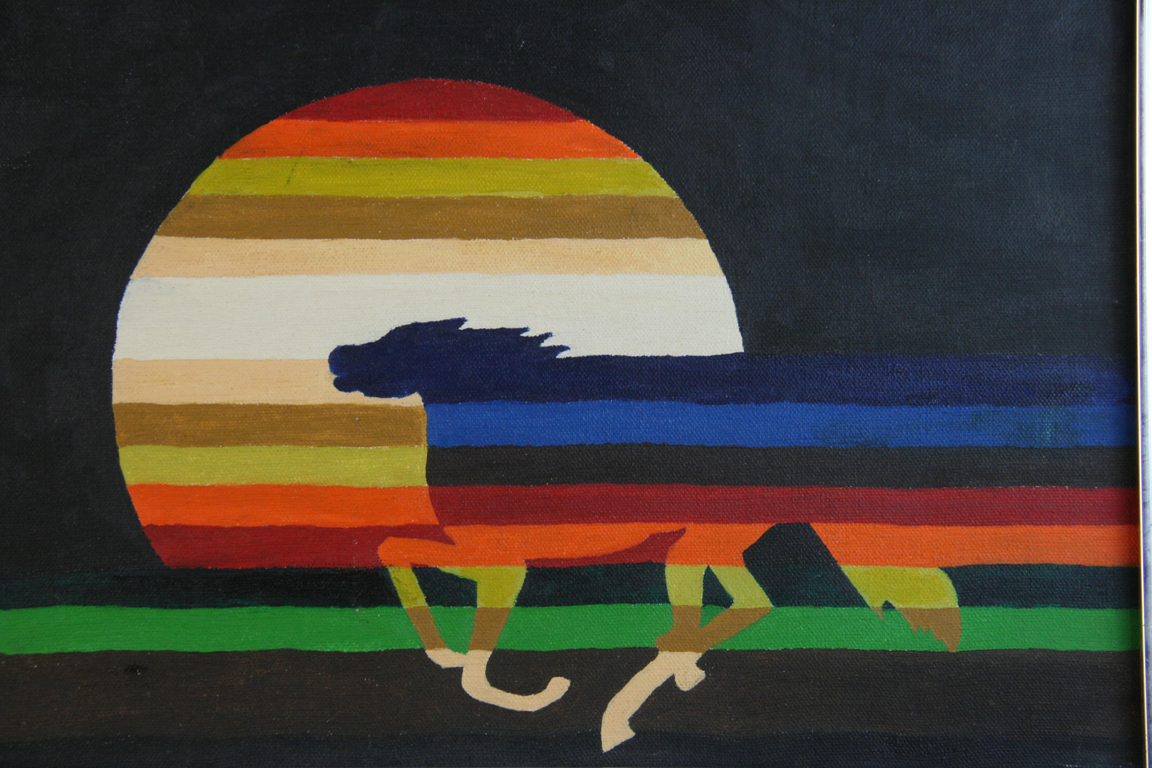 Unknown Animal Painting – Surreales Tier-Acrylgemäldepferd im Sonnenuntergang, 1970er Jahre